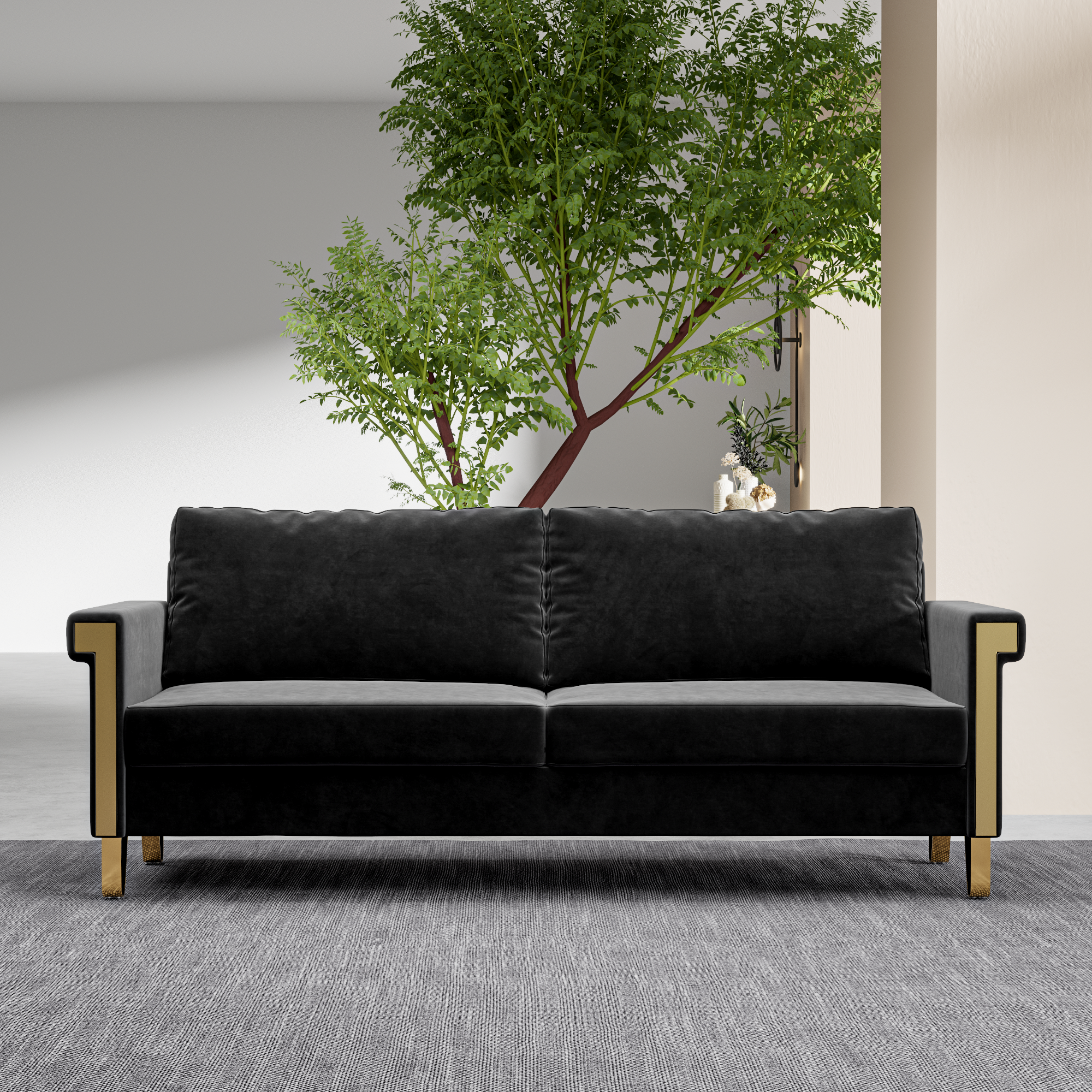 76.34inch Mid-Century Modern Velvet Sofa Black Couch with Gold Metal Accents for Living Room or Lounge