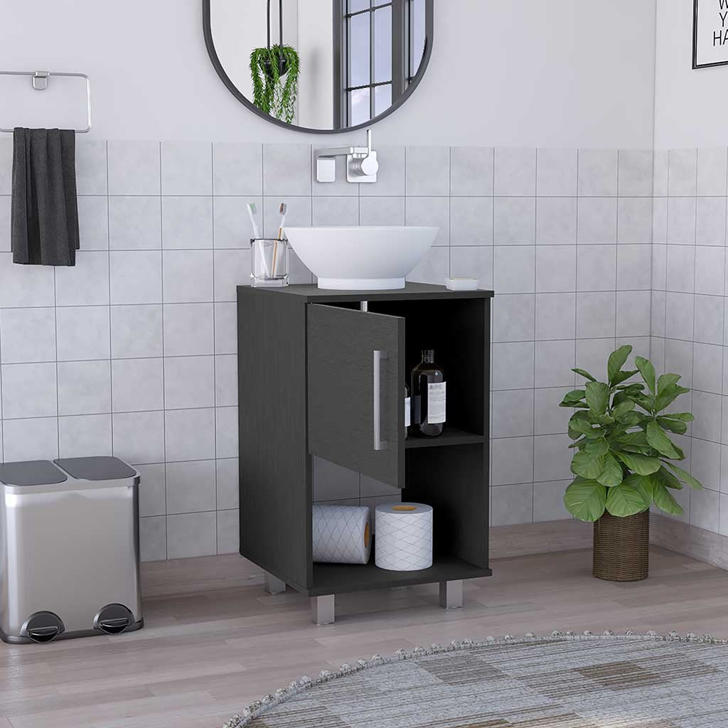 Gouda 18" Single Bathroom Vanity, One Open Shelf, Single Door Cabinet -Black