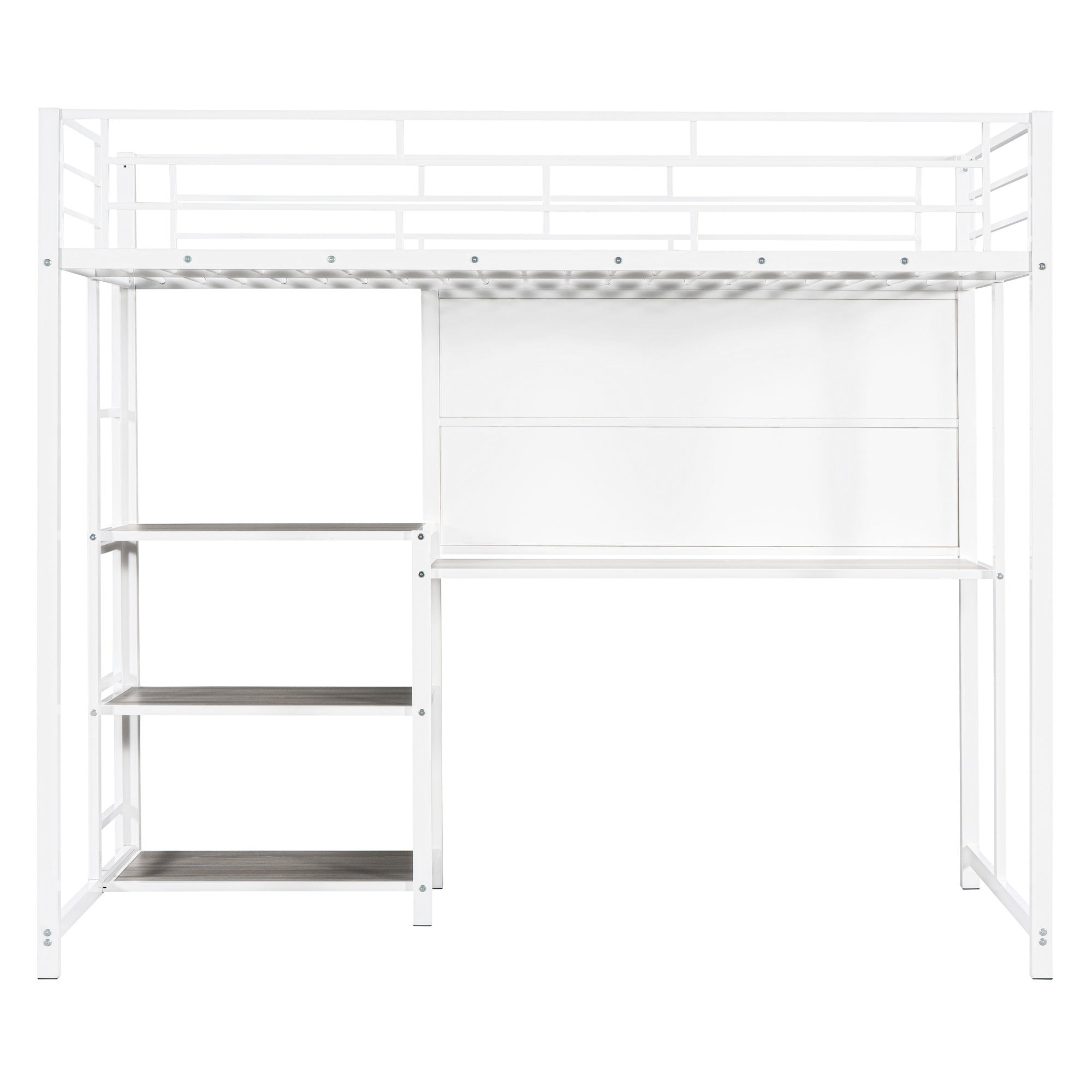 Twin Size Loft Bed with Desk and Whiteboard, Metal Loft Bed with 3 Shelves and Ladder, White