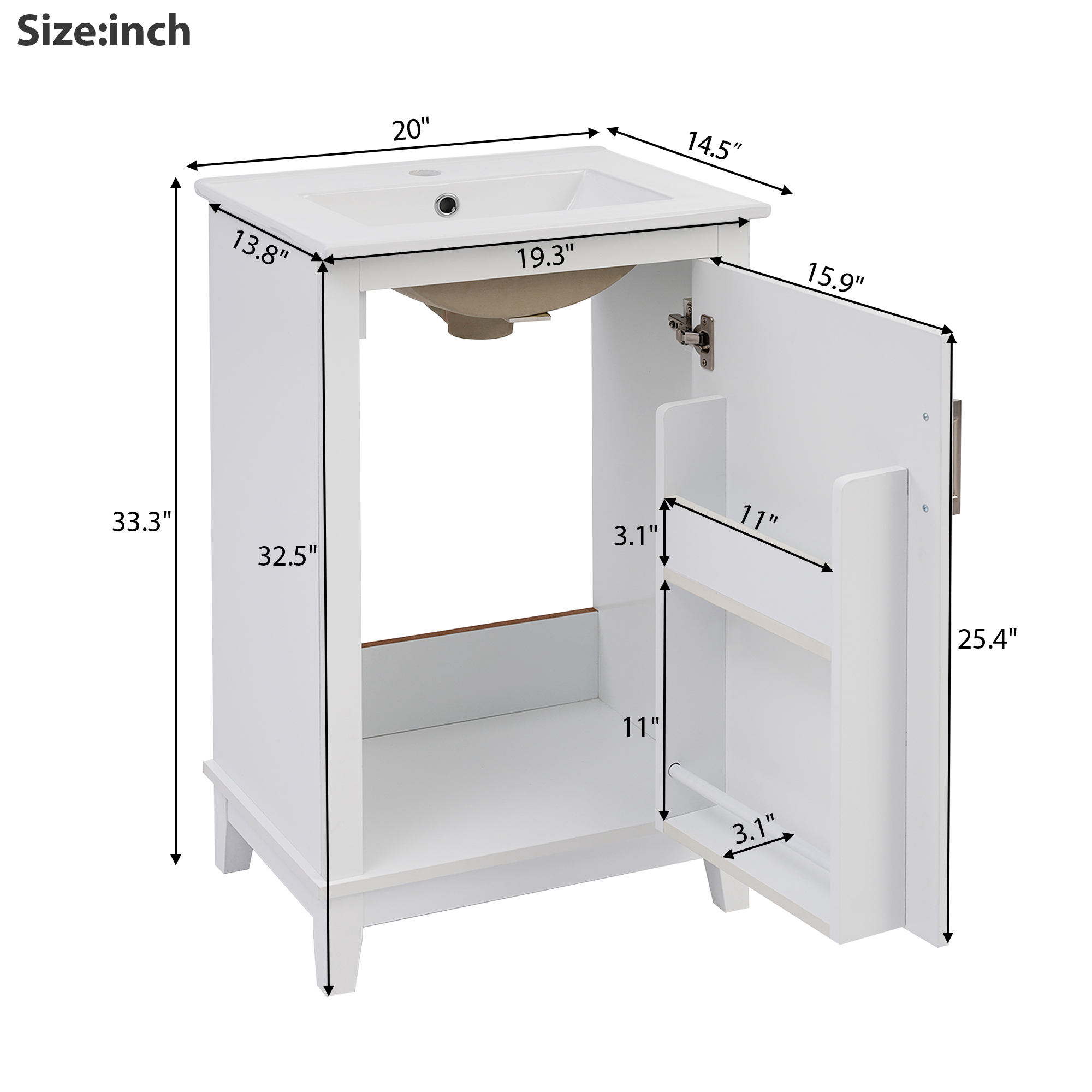 [Viedo] 20 Inch Modern Small Bathroom Vanity Cabinet With Ceramic Basin- 20*14.5*33.3 Inches,Ample Storage,1 Soft-Close Door