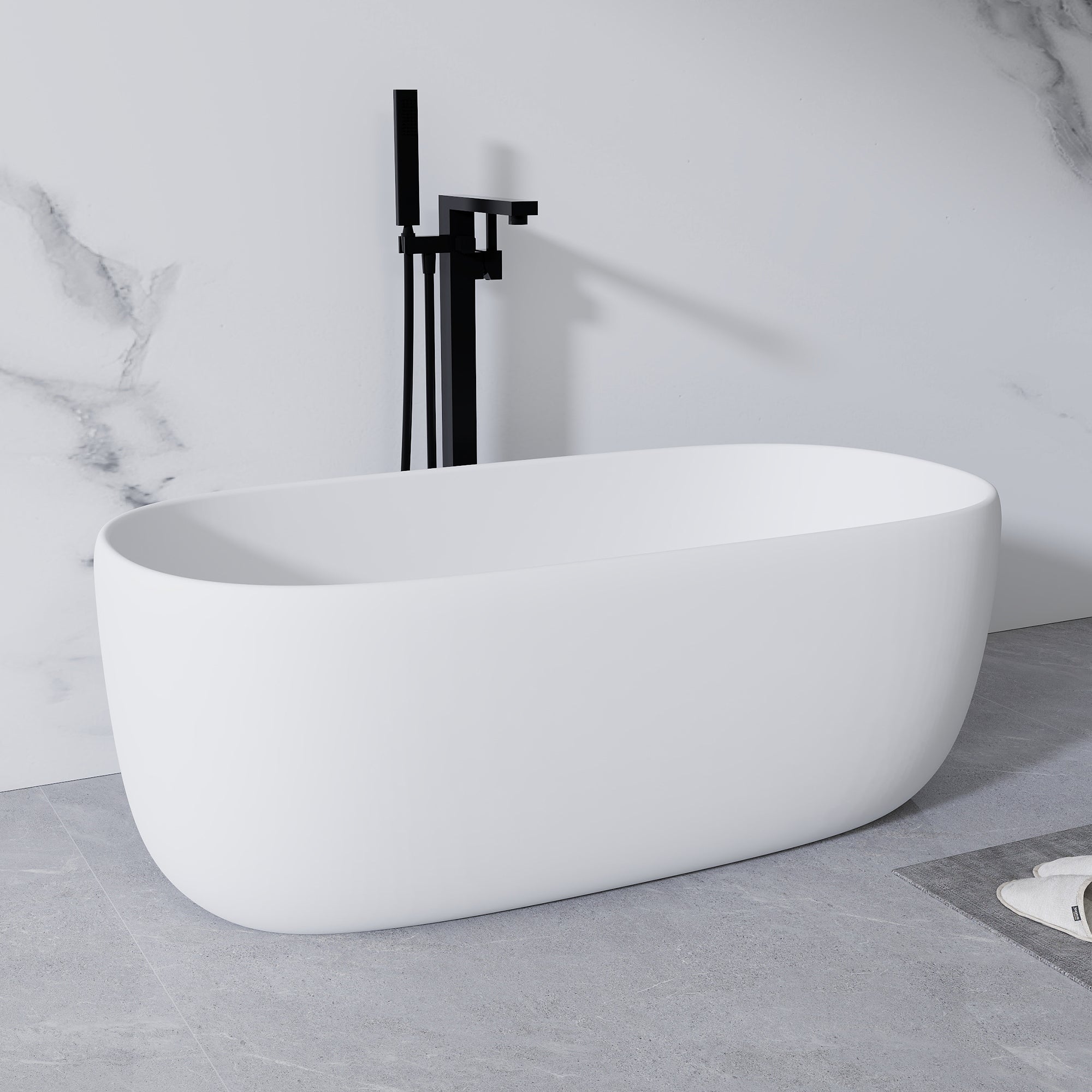 51'' Freestanding Bathtub Resin Stone Soaking Bathtub Solid Surface Modern Tubs with Overflow and Pop-up Drain in White