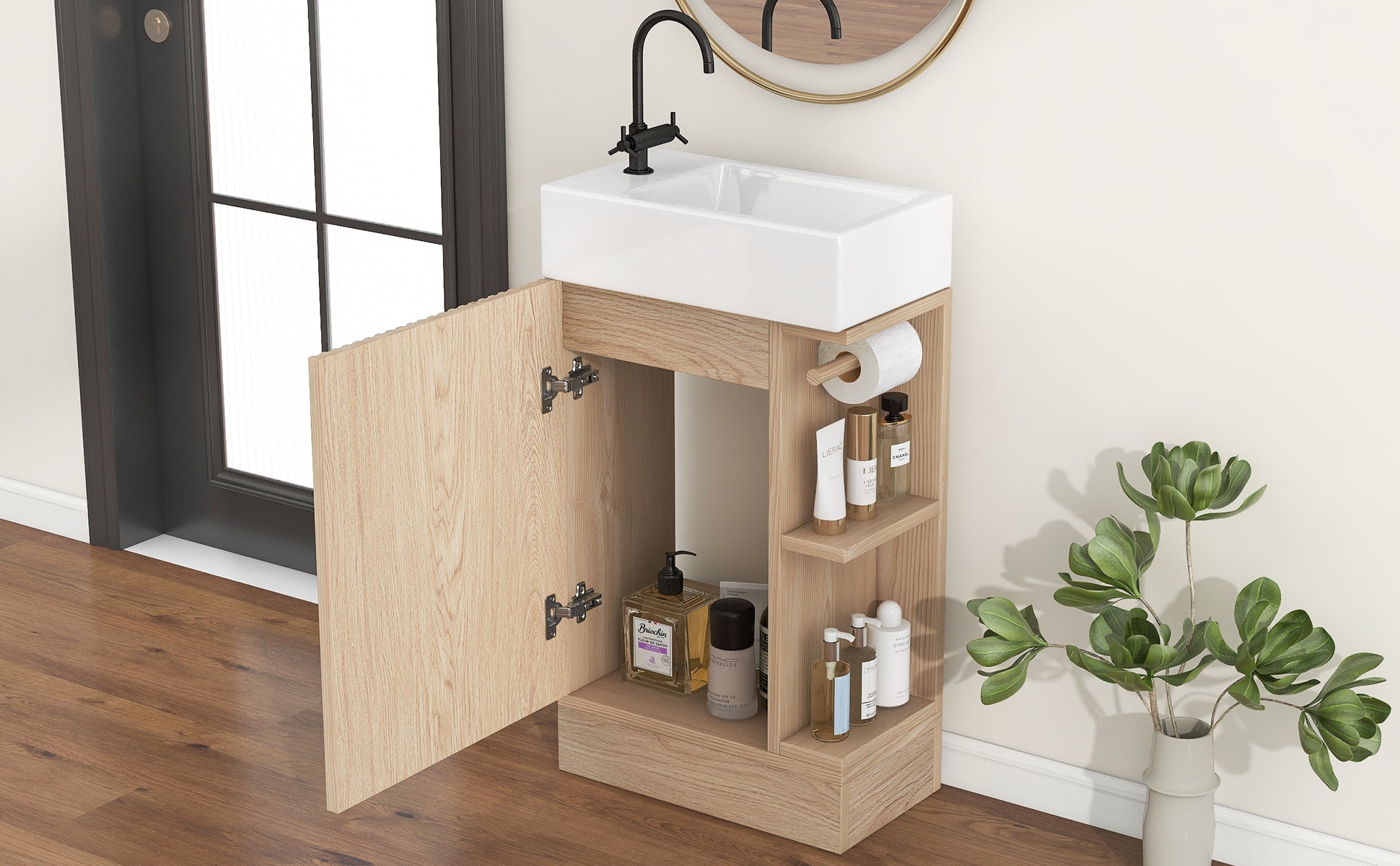 18.6" Bathroom Vanity with Sink, Bathroom Vanity Cabinet with Two-tier Shelf, Left or Right Orientation, Natural