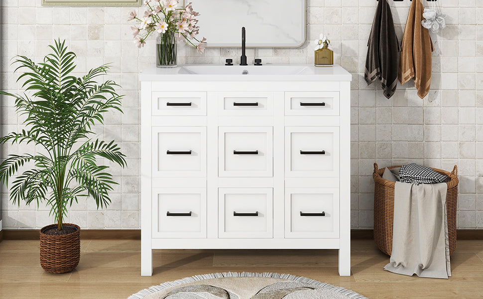 36" Bathroom Vanity Cabinet with Resin Integrated Sink - 4 Drawers, 2 Doors