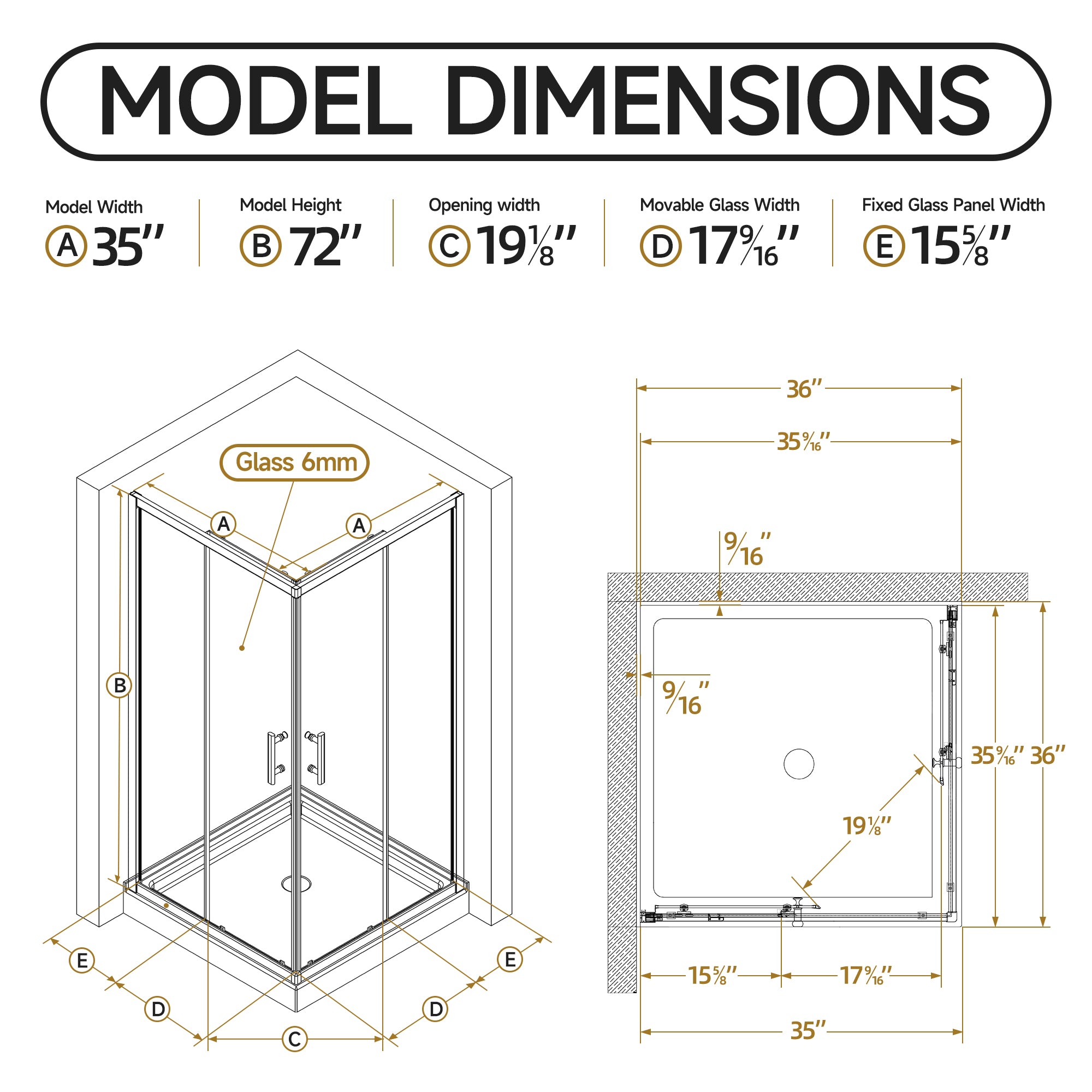 36 x 36 x 72 in Frosted Corner Sliding Shower Enclosure - 36 x 36 x 72 in / Matte Black / Frosted Glass view 3
