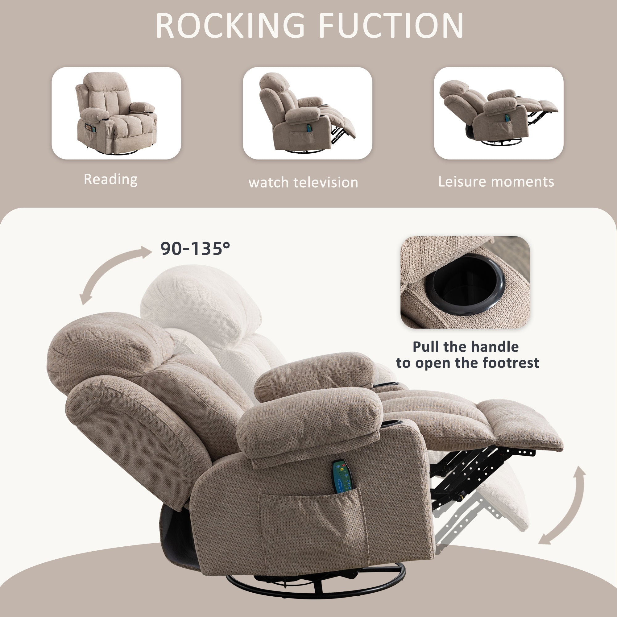 Vanbow.Swinging recliner massage heated sofa, with USB and 2 cup holders in side pockets, PackageA and B (Beige  fabric)