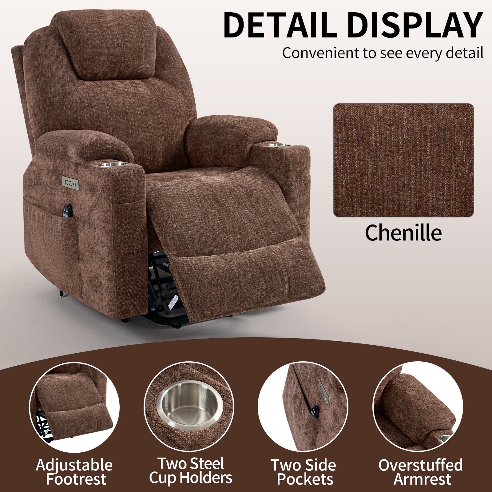 Up to 350 LBS Chenille Power Lift Recliner Chair, Heavy Duty Motion Mechanism with 8-Point Vibration Massage and Lumbar Heating, USB and Type-C Ports, Stainless Steel Cup Holders, Brown