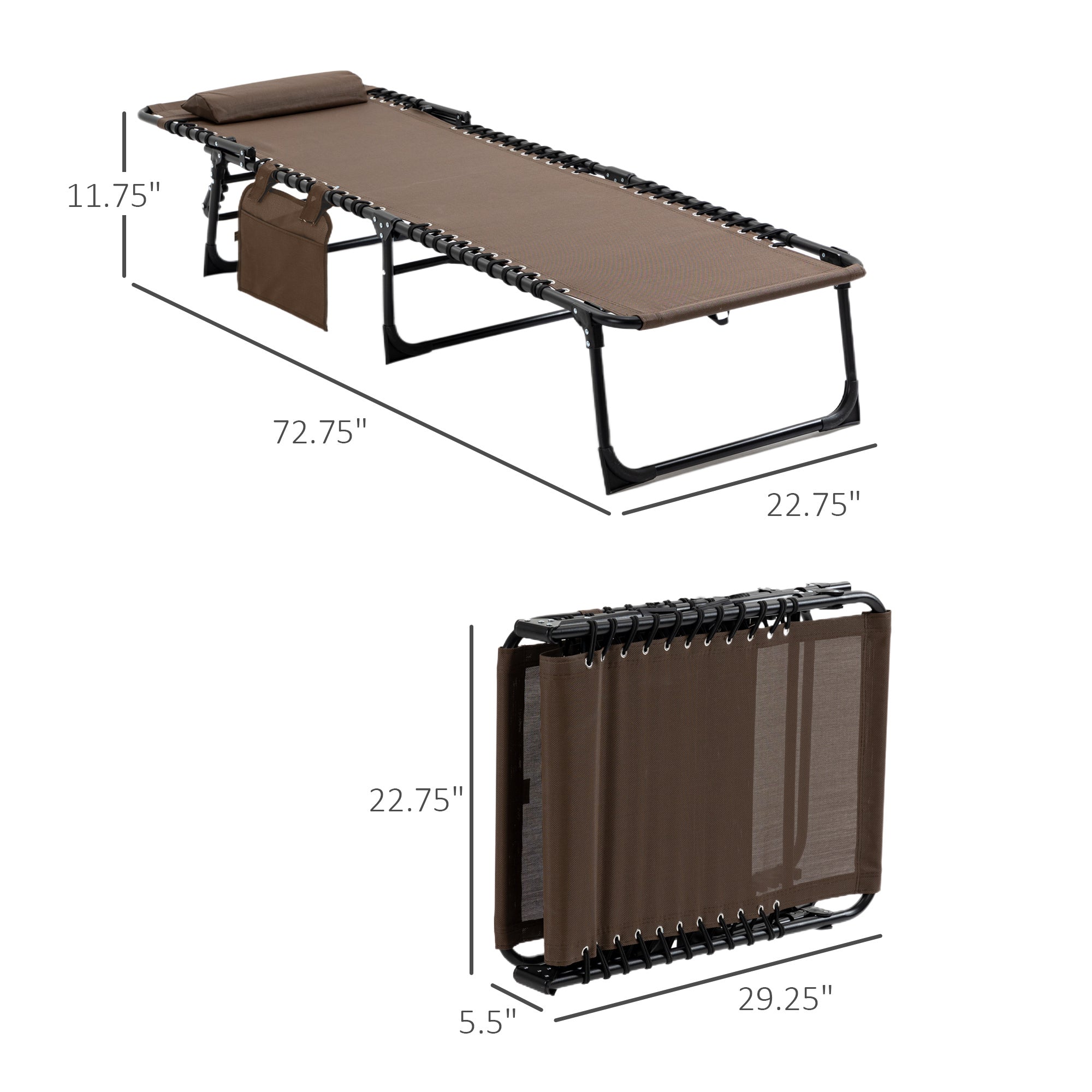 Outsunny Reclining Chaise Lounge Chair, Portable Sun Lounger, Folding Camping Cot, with Adjustable Backrest and Removable Pillow, for Patio, Garden, Beach, Brown