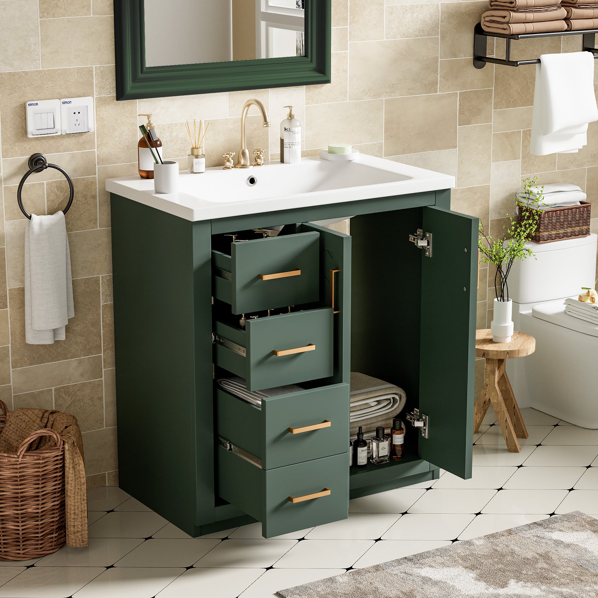 Solid wood bathroom vanity with ceramic sink, angled view