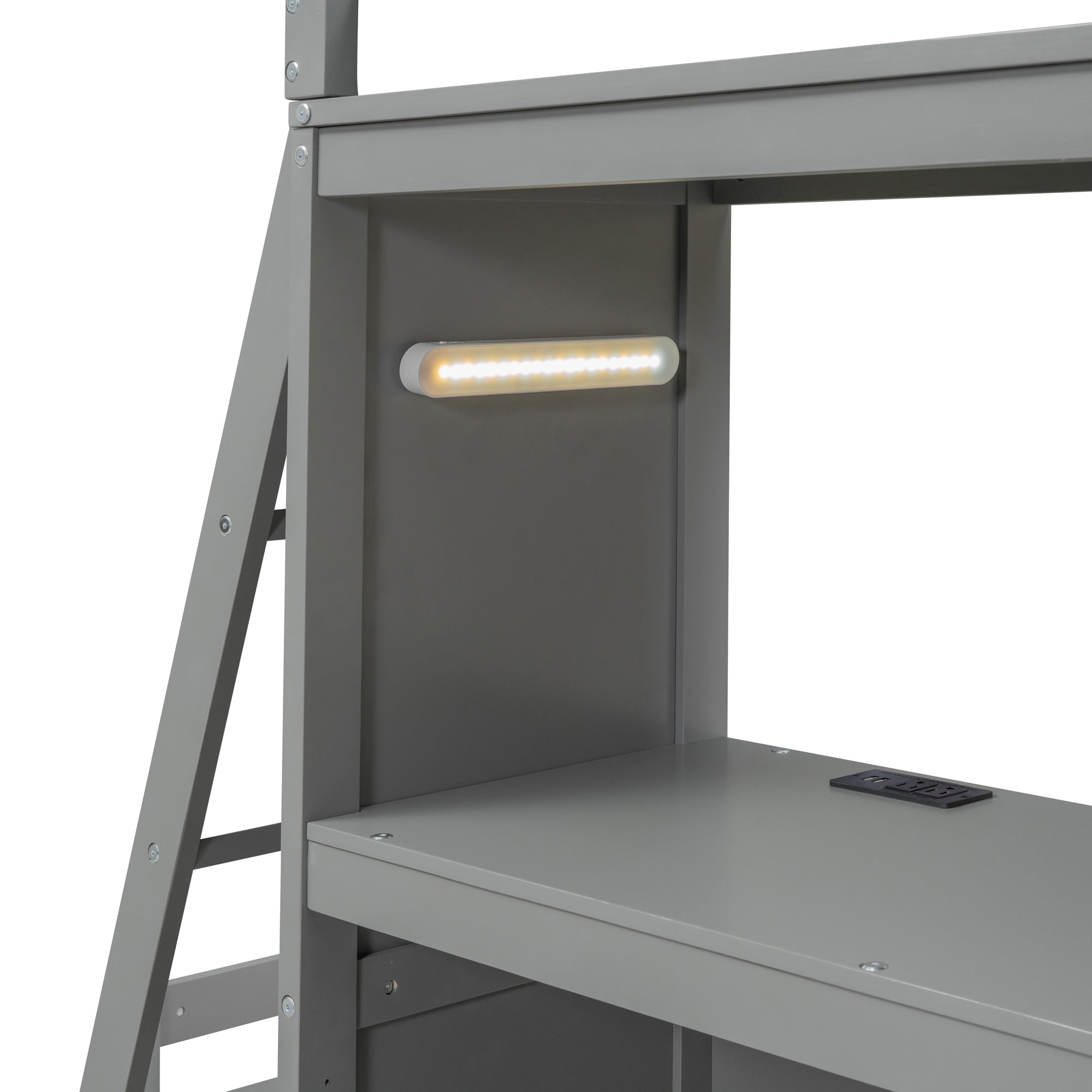 Twin over Twin Bunk Bed with LED Light and USB Ports, Gray