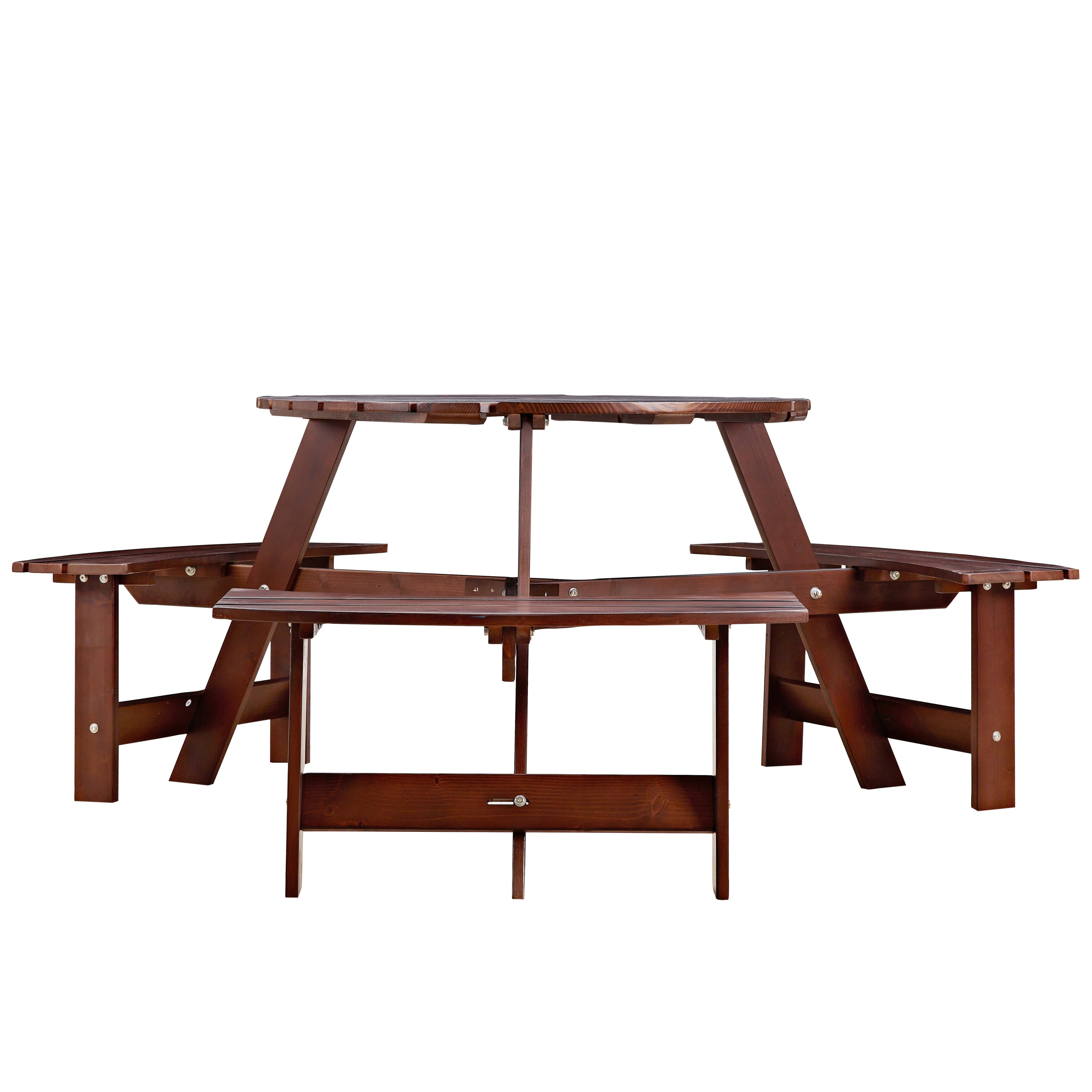 Outdoor 6 Person Picnic Table, 6 person Round Picnic Table with 3 Built-in Benches, Umbrella Hole, Outside Table and Bench Set for Garden, Backyard, Porch, Patio, Brown