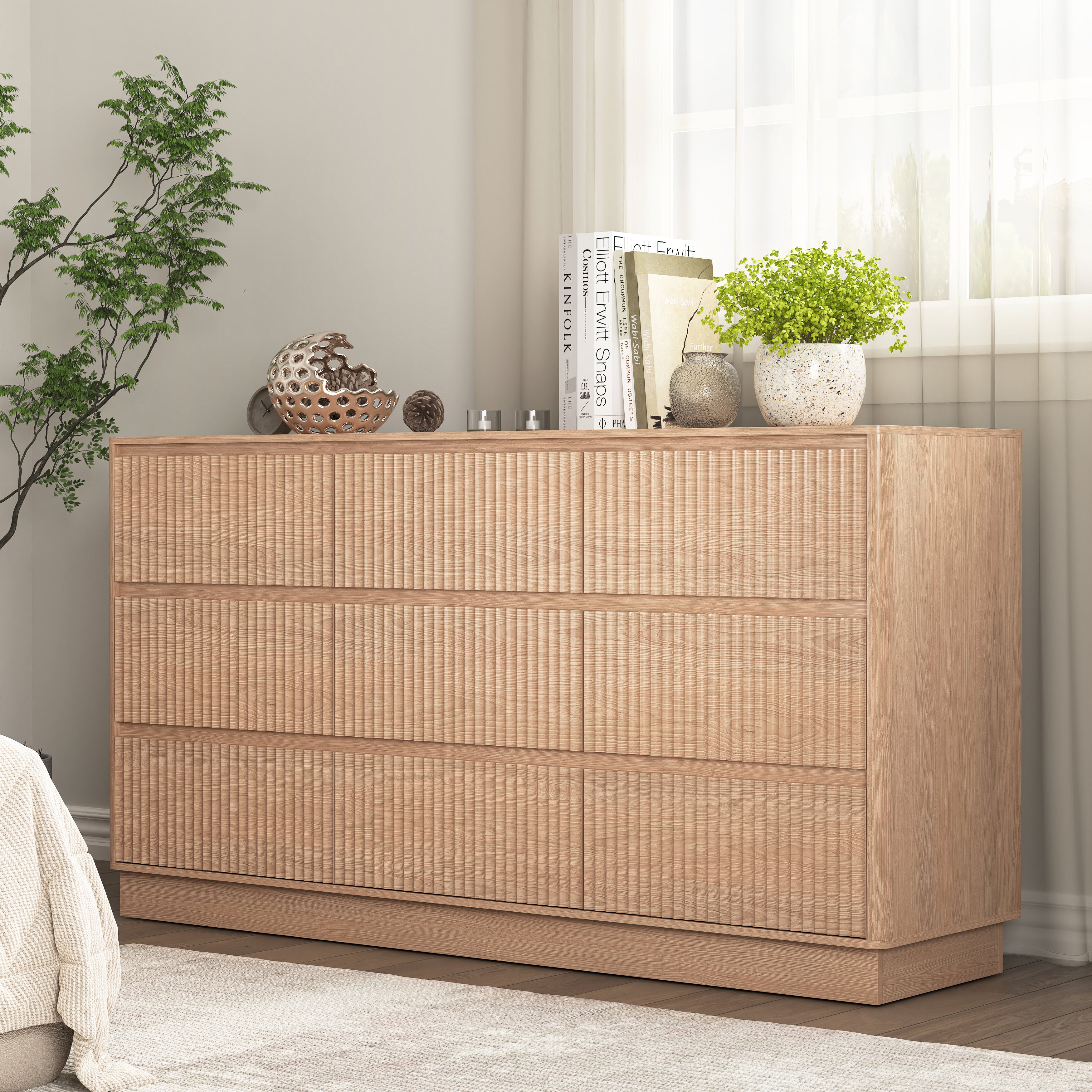 9-drawer natural wood dresser, mid-century side cabinet, detail view