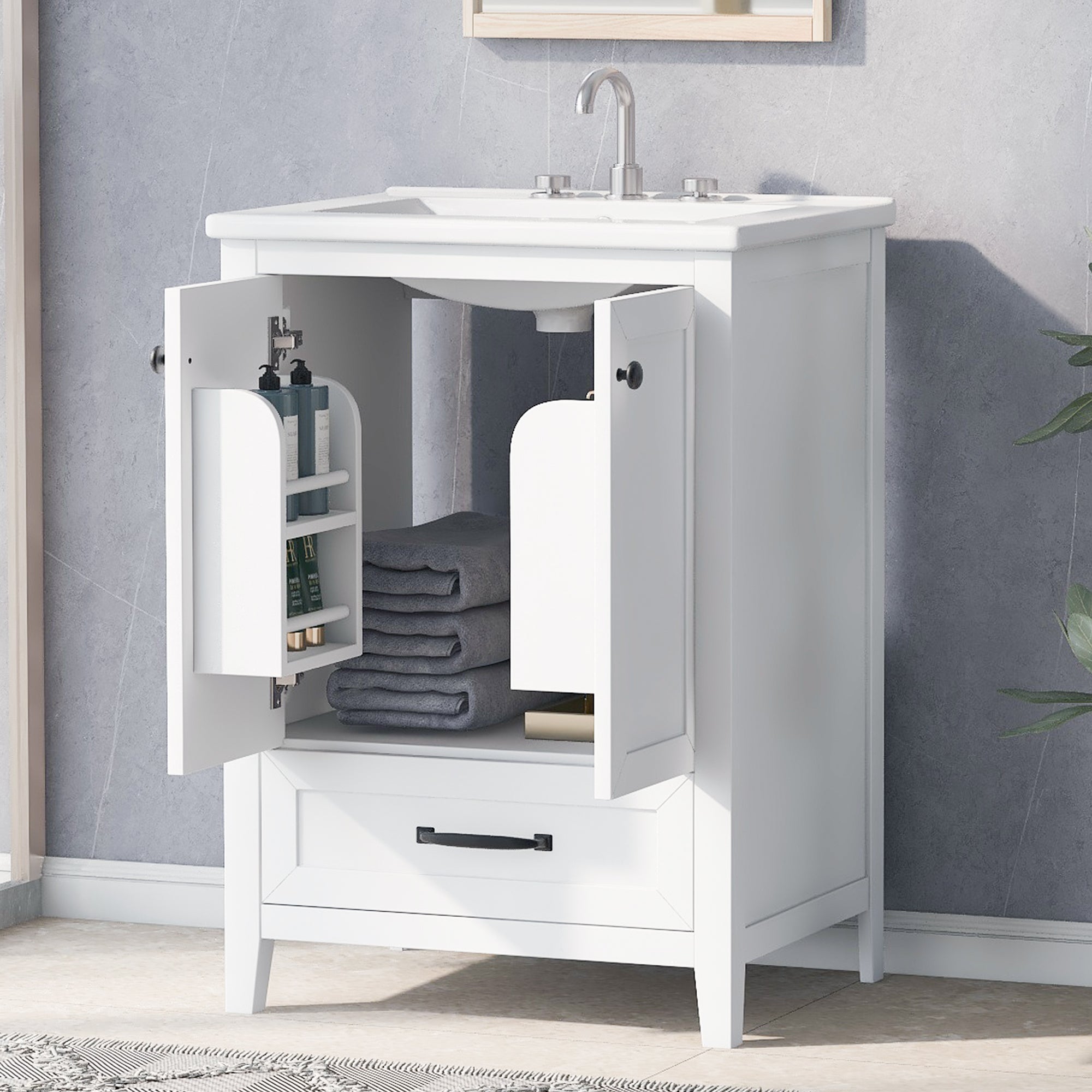 24" Bathroom Vanity with Sink, Bathroom Vanity Cabinet with One Drawer and Doors, Solid Wood and MDF, White