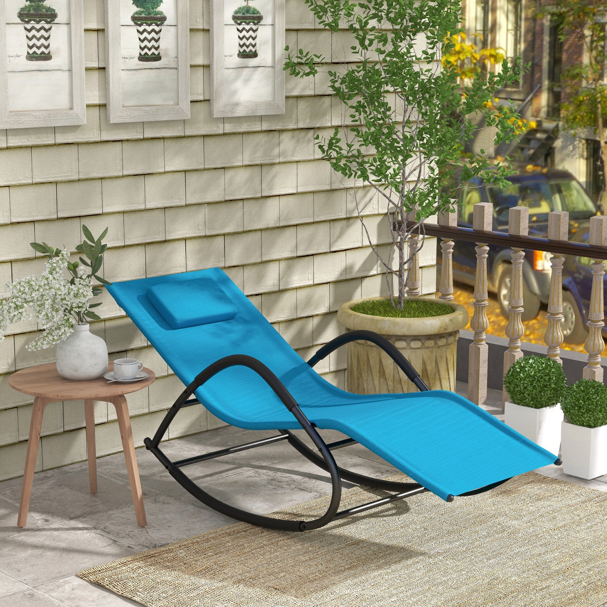 Outsunny Rocking Chair, Zero Gravity Patio Chaise Sun Lounger, Outdoor Rocker, UV Water Resistant, Pillow for Sunbathing, Lawn, Garden or Pool, Light Blue