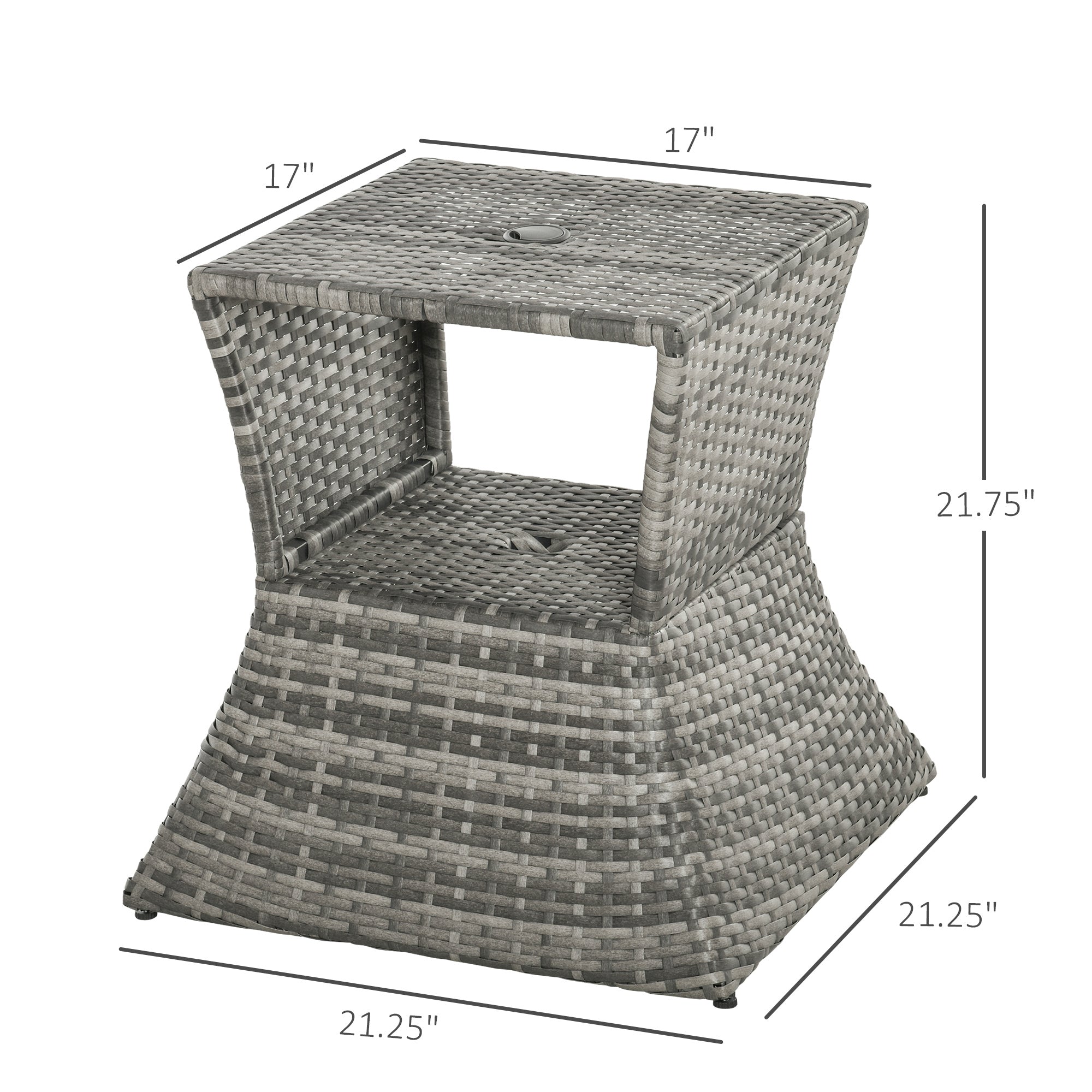 Outsunny Rattan Wicker Side Table with Umbrella Hole, 2 Tier Storage Shelf for All Weather for Outdoor, Patio, Garden, Backyard, Mixed Grey