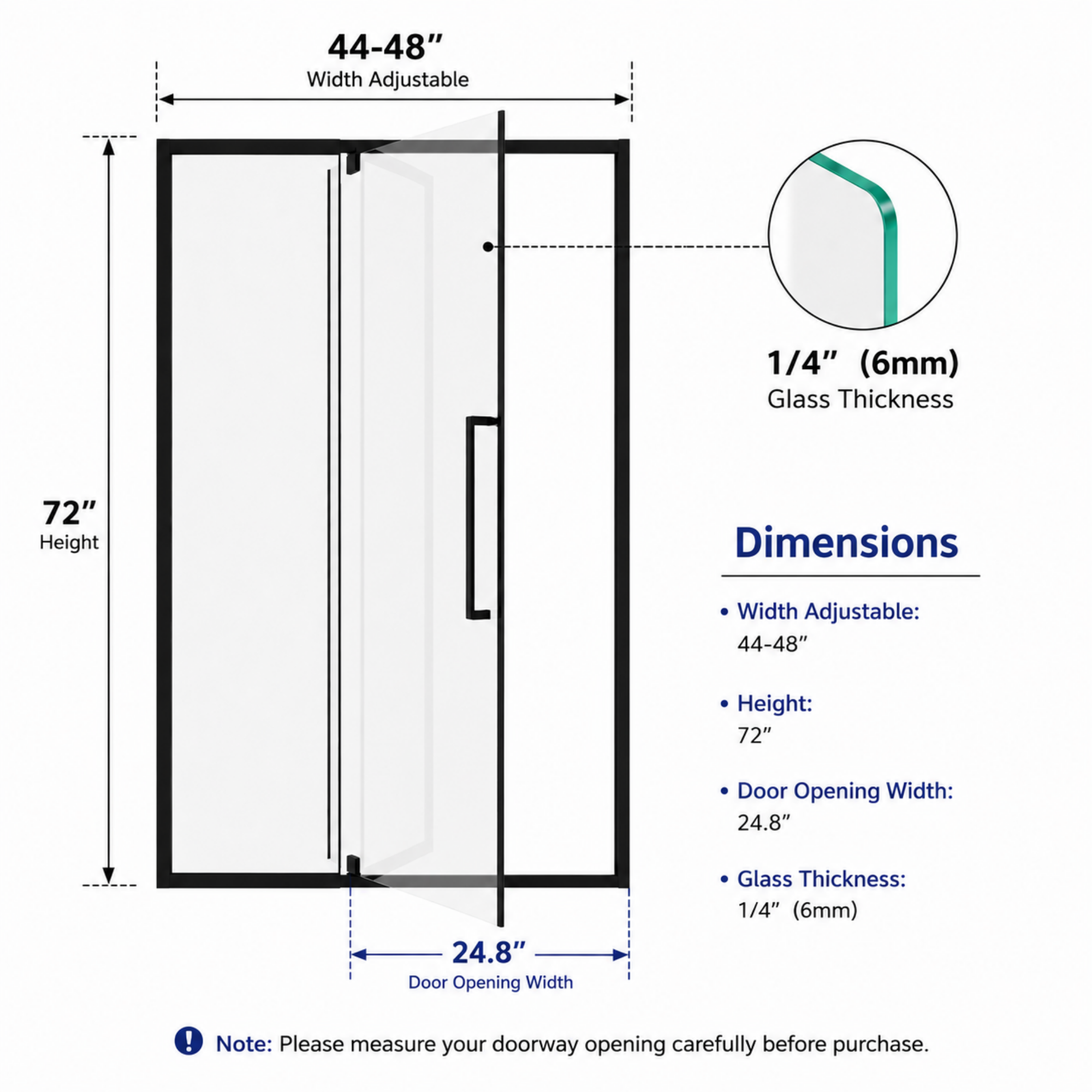 32-60 x 72 in Semi-Frameless Pivot Shower Door - 44-48 x 72 in / Matte Black view 2