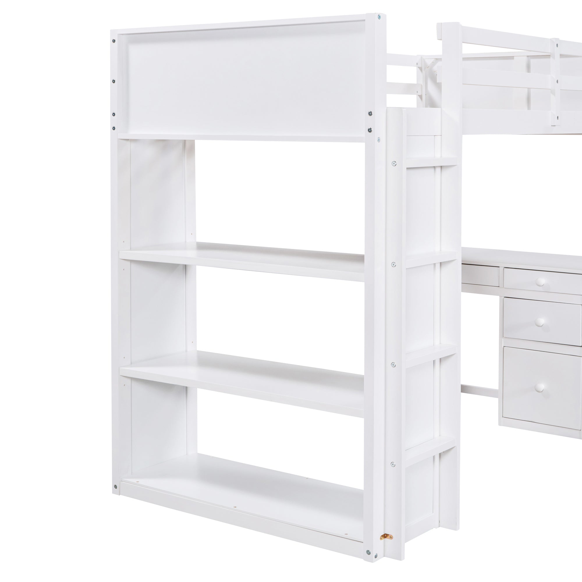 Twin Size Loft Bed with Ladder, Shelves, and Desk, White