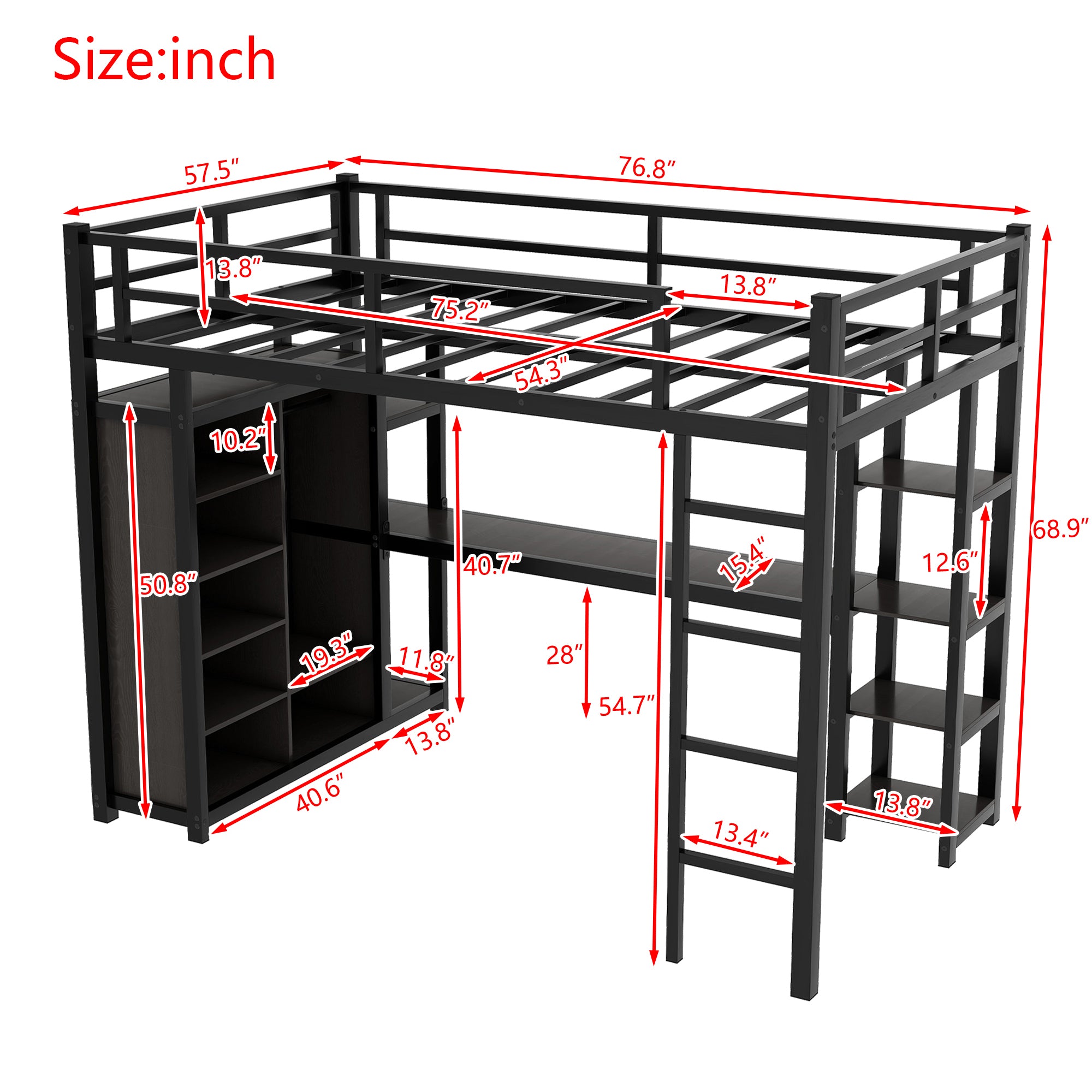 Metal Full Size Loft Bed with Desk,Shelves,Wardrobe, Black