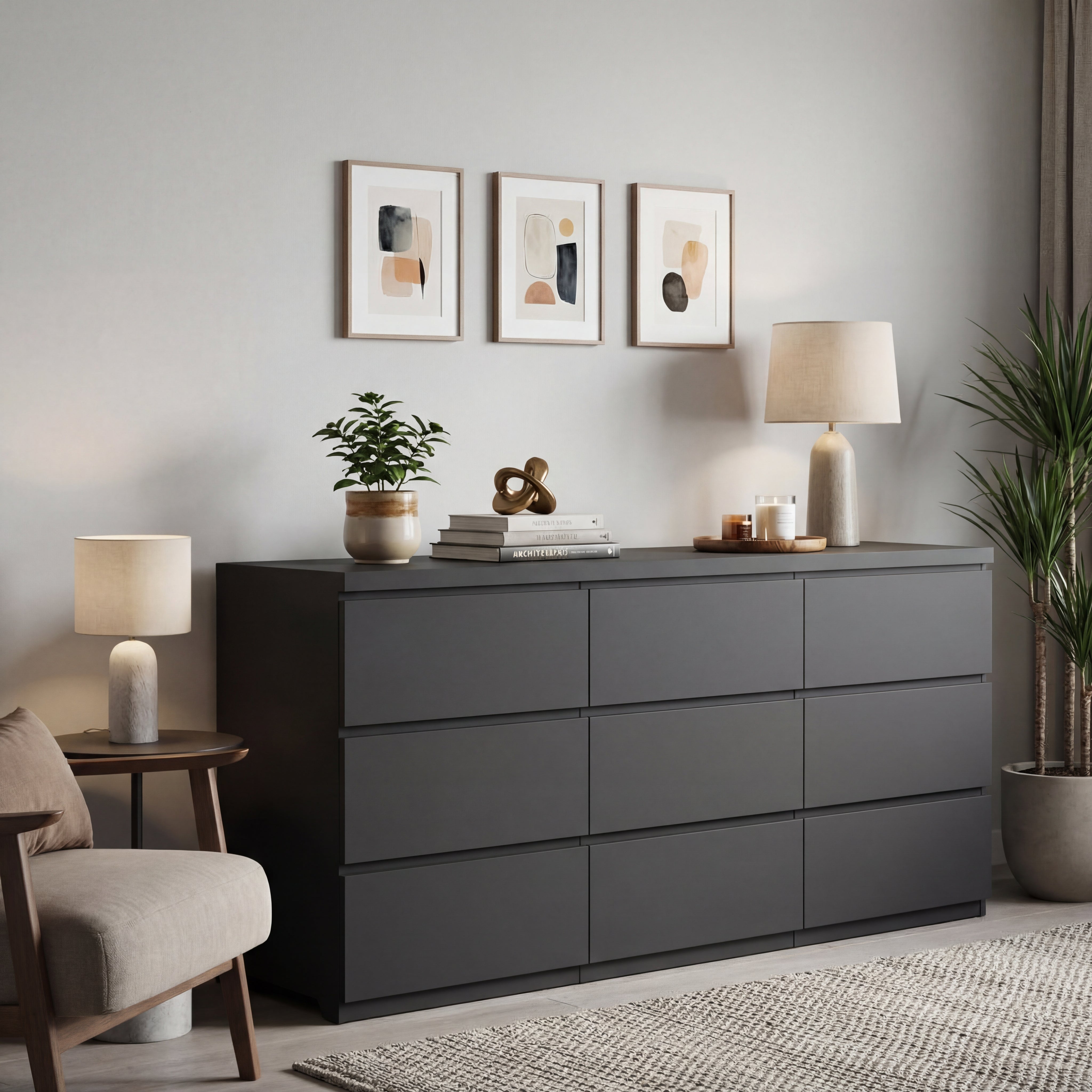 Black matte 9-drawer dresser, open drawer detail