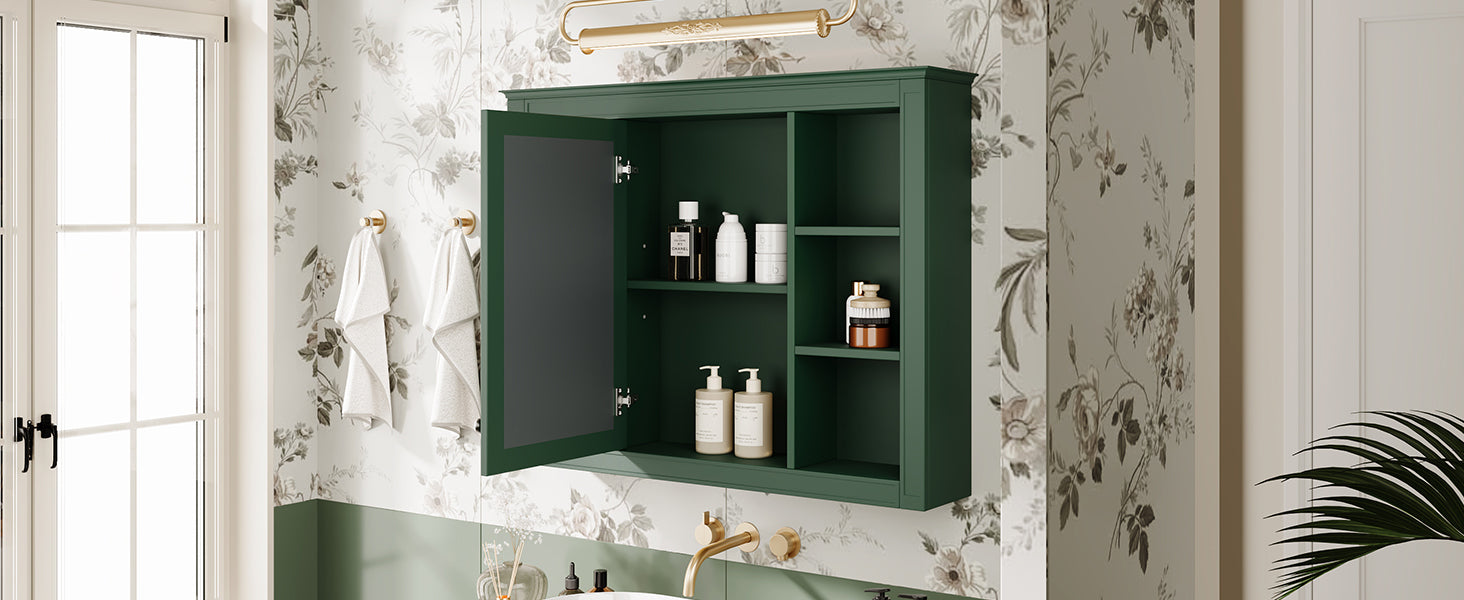 35'' x 27.5'' Medicine Cabinet, Wall Mounted Bathroom Storage Cabinet, Modern Bathroom Wall Cabinet with Mirror, Mirror Cabinet with 6 Open Shelves (Not Include Bathroom Vanity )