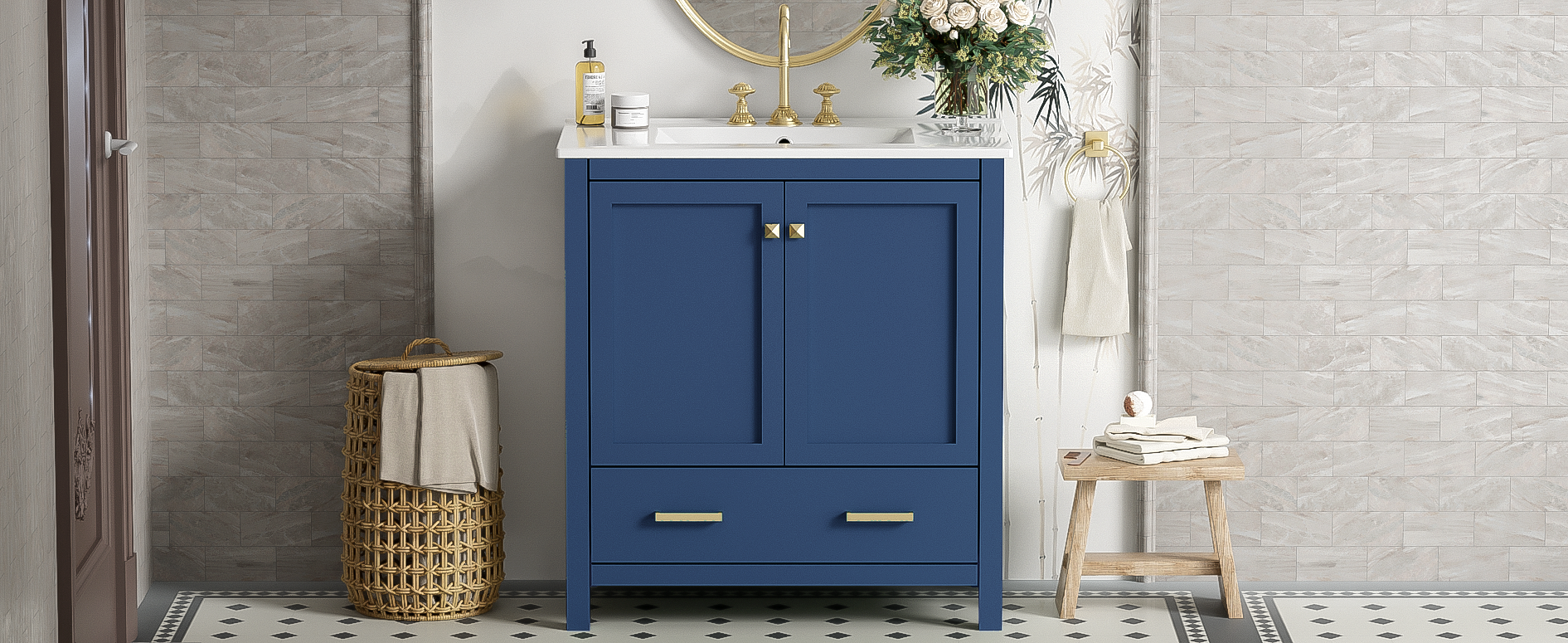 30" Blue Bathroom Vanity with Single Sink, Combo Cabinet Undermount Sink, Bathroom Storage Cabinet with 2 Doors and a Drawer, Soft Closing, Multifunctional Storage, Solid Wood Frame