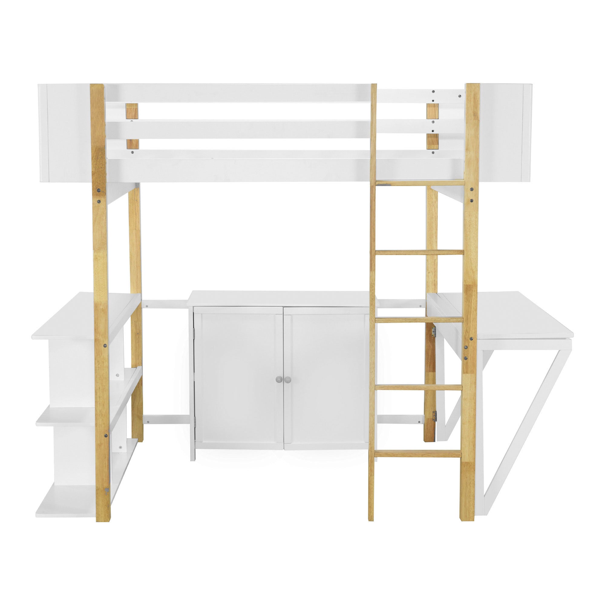 Full Size Wood Loft Bed With Built-in Storage Cabinet and Cubes, Foldable desk, White