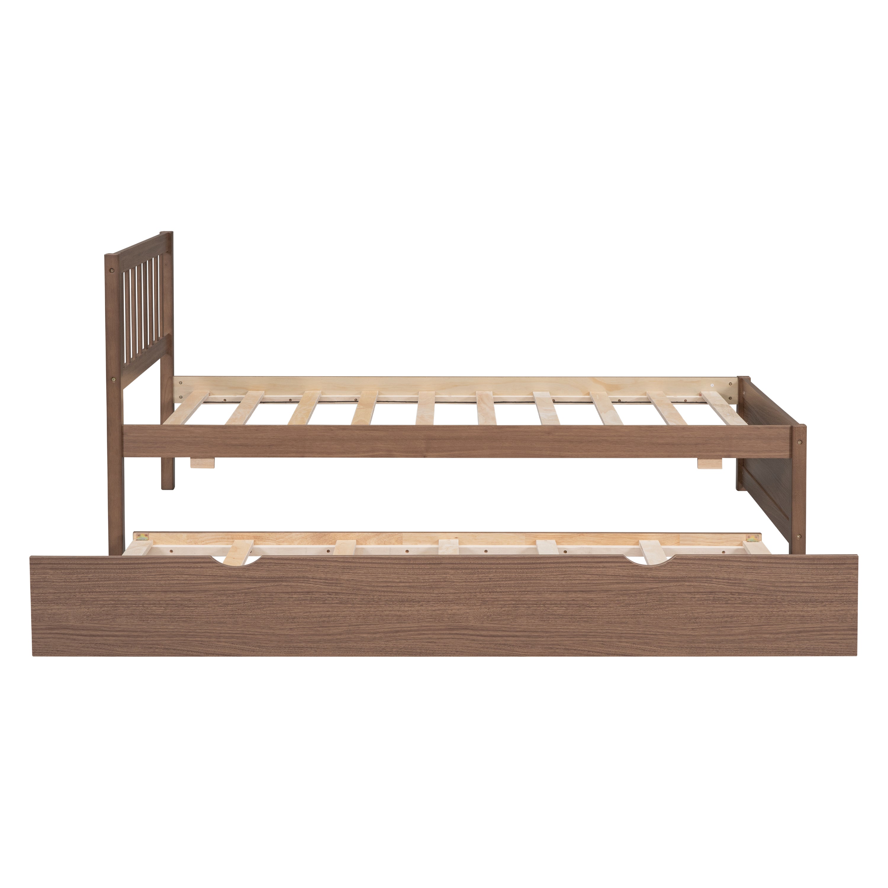 Modern Design Wooden Twin Size Platform Bed Frame with Trundle for Walnut Color