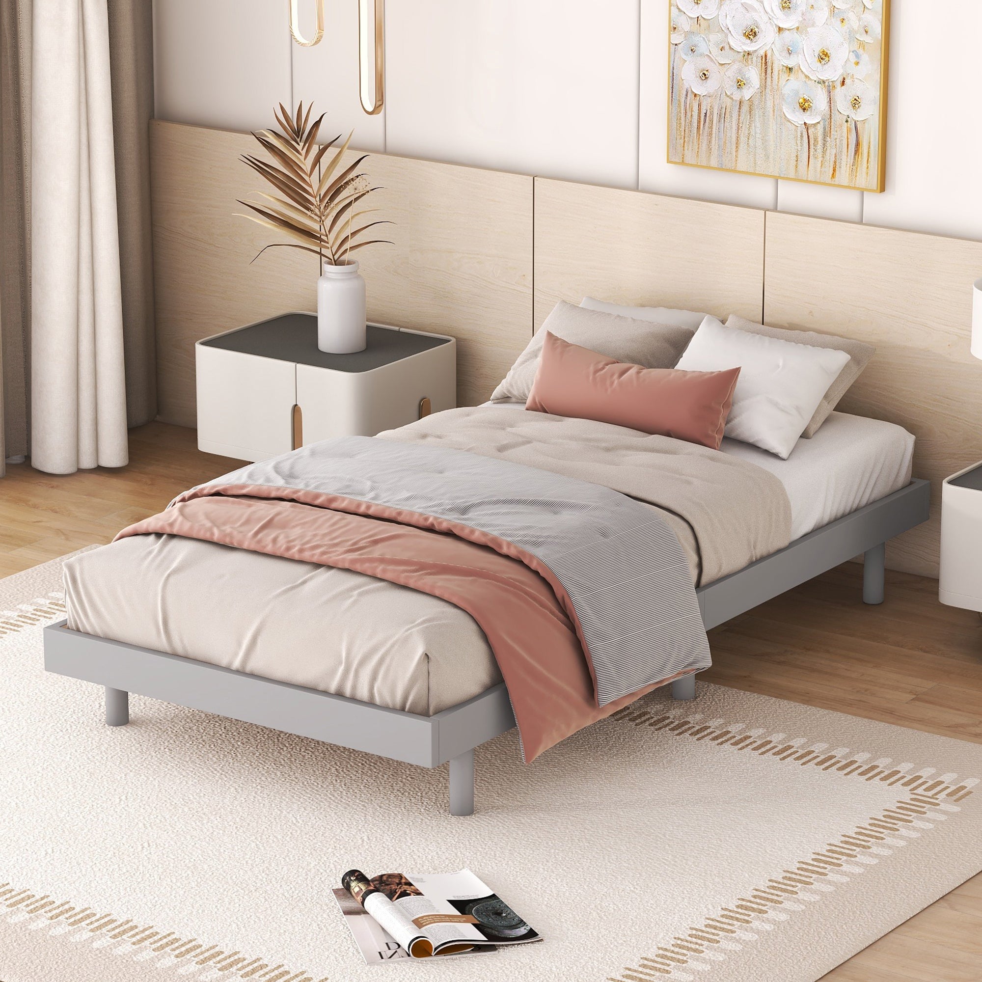 Modern Design Twin Size Floating Platform Bed Frame for Grey Color