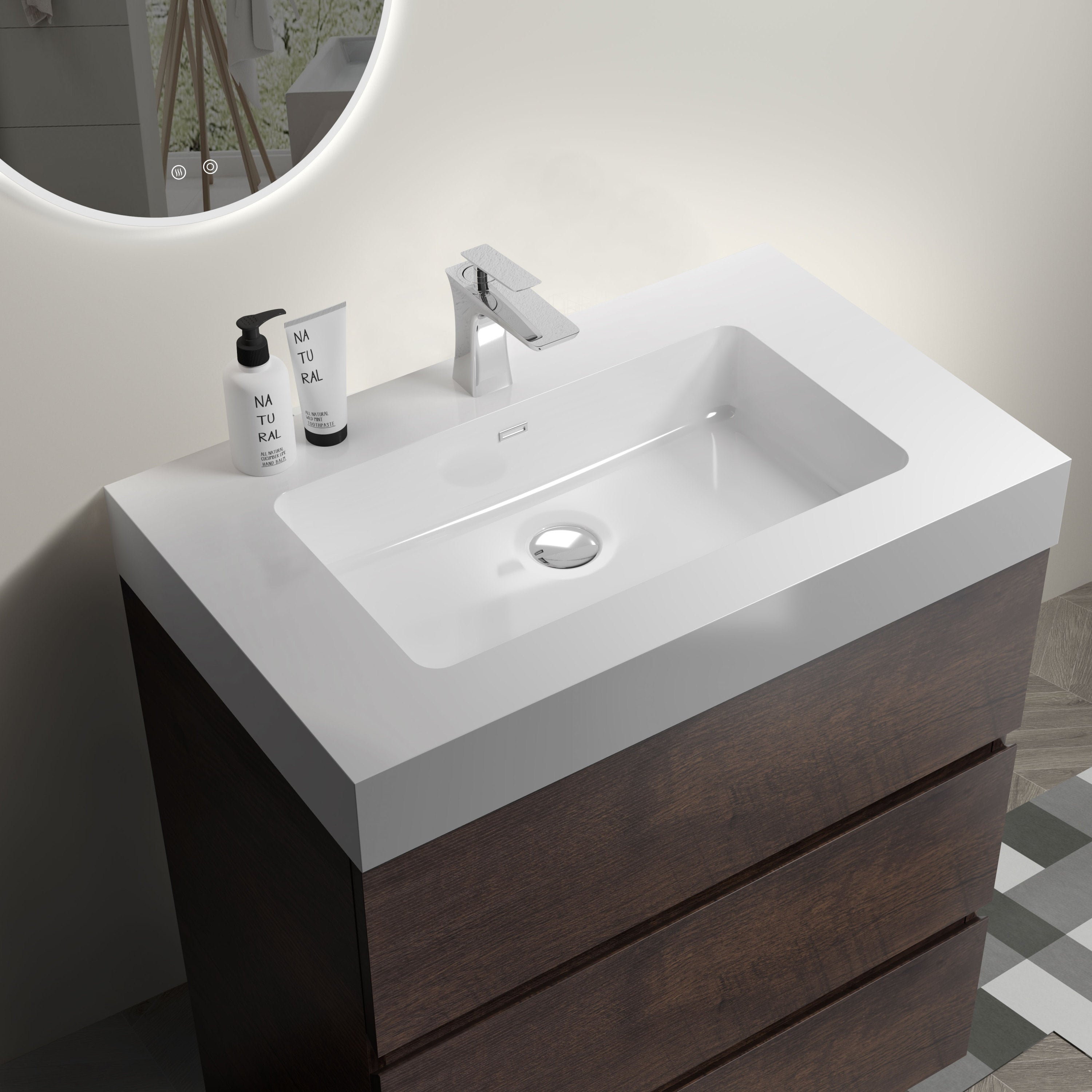 Alice 30" Walnut Bathroom Vanity with Sink, Large Storage Freestanding Bathroom Vanity for Modern Bathroom, One-Piece White Sink Basin without Drain and Faucet, Pre-assembled