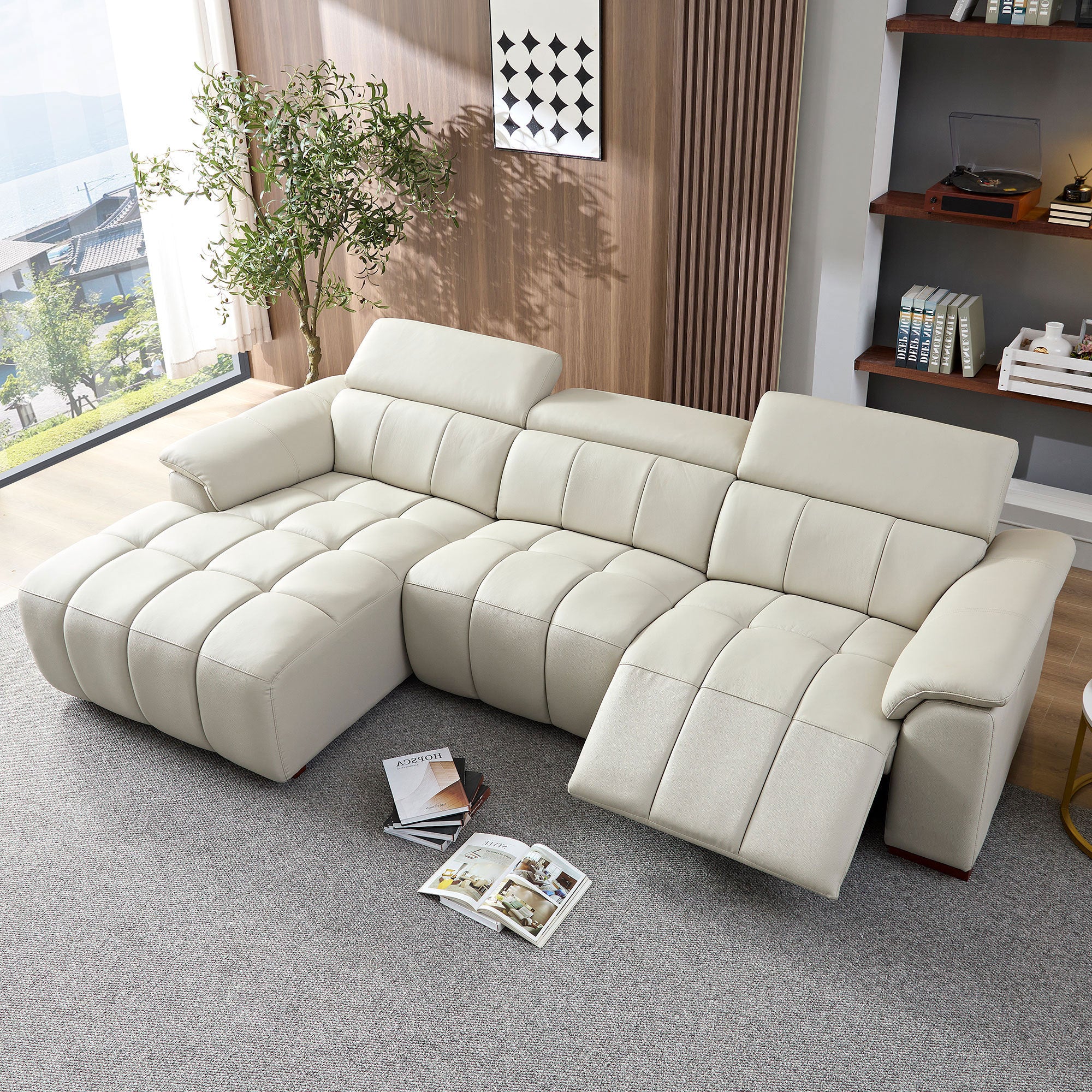 Wall-Hugger Reclining Sofa Modern Electric Control Genuine Leather L Shaped Couch,Lounge Seat Theater Seating Furniture with USB Port, Sofa with Headrest & Footrest for Living Room,Apartment,Office