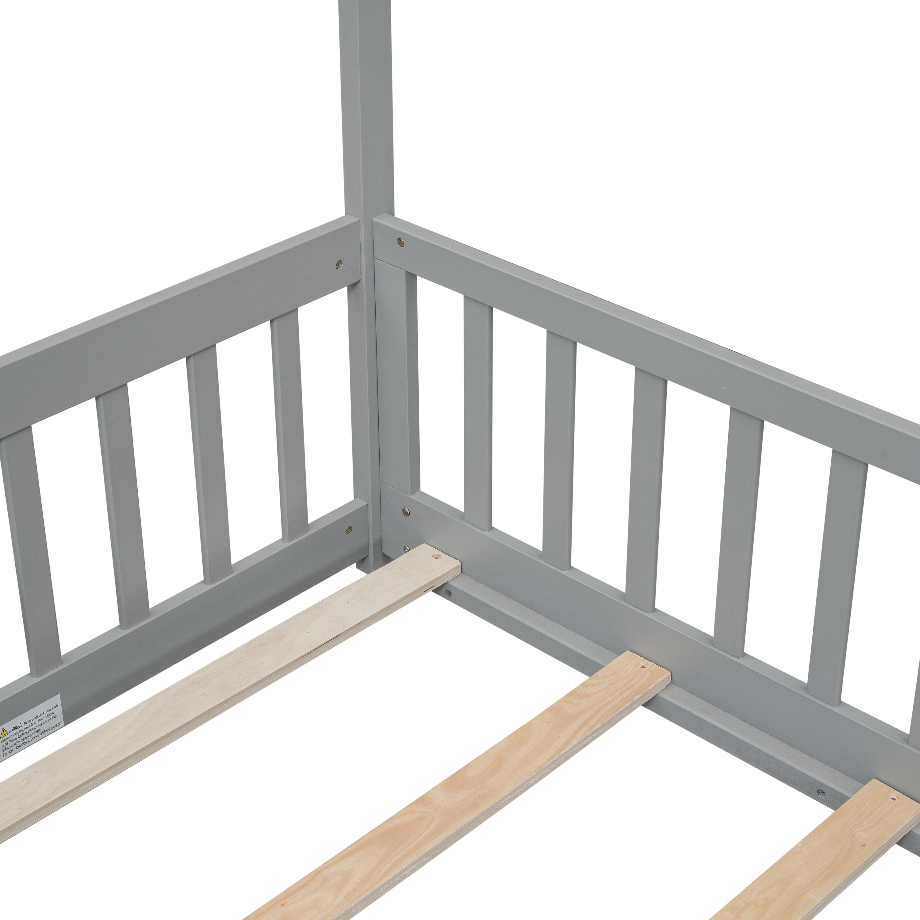 Twin House Bed with Guardrails, Slats ,Grey