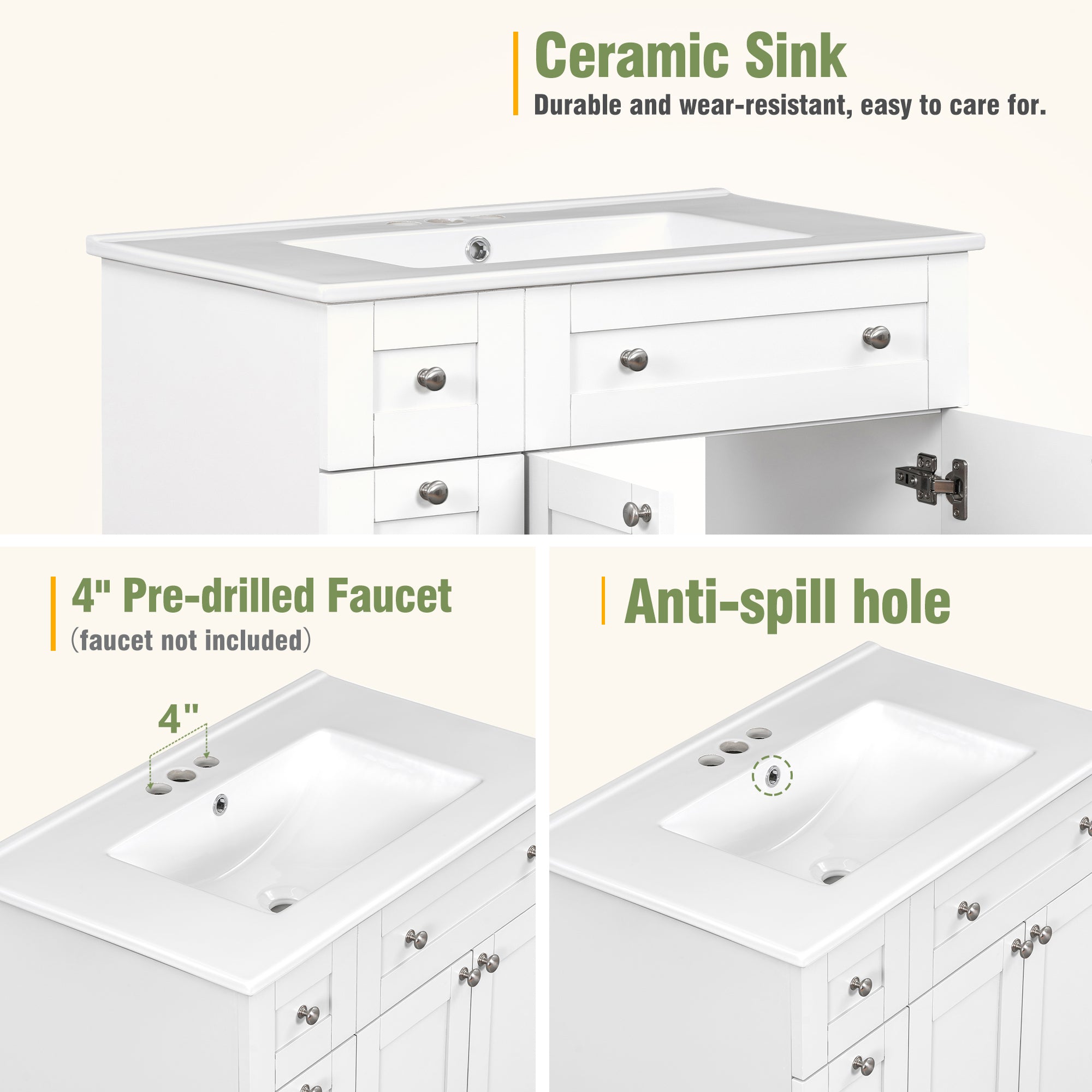 30-Inch White Bathroom Vanity with Ceramic Sink Combo, Abundant Storage Cabinet - 2 Soft close Doors and Double-tier Deep Drawer