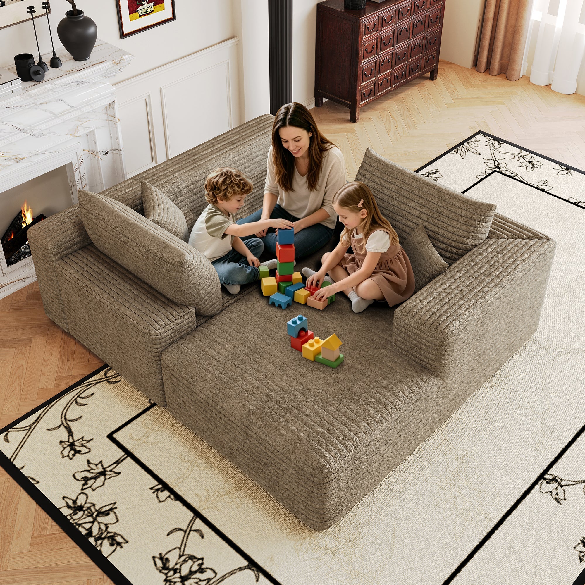 Camel corduroy sectional sofa modern minimalist living room view