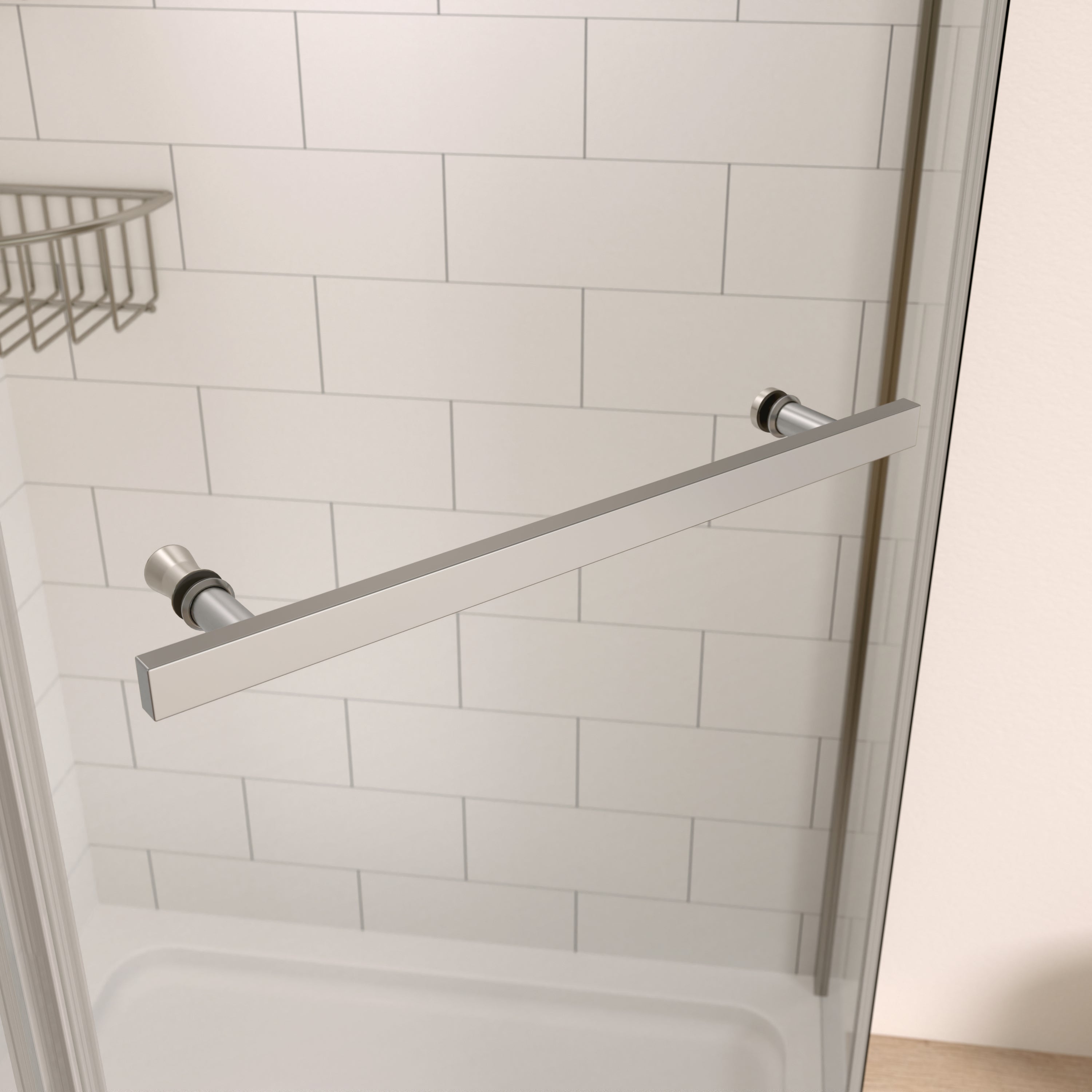 Pivot shower door, with 1/4" tempered glass , 34.75"W x 72"H Frameless Neo-Angle Pivot Shower Enclosure in Chrome.