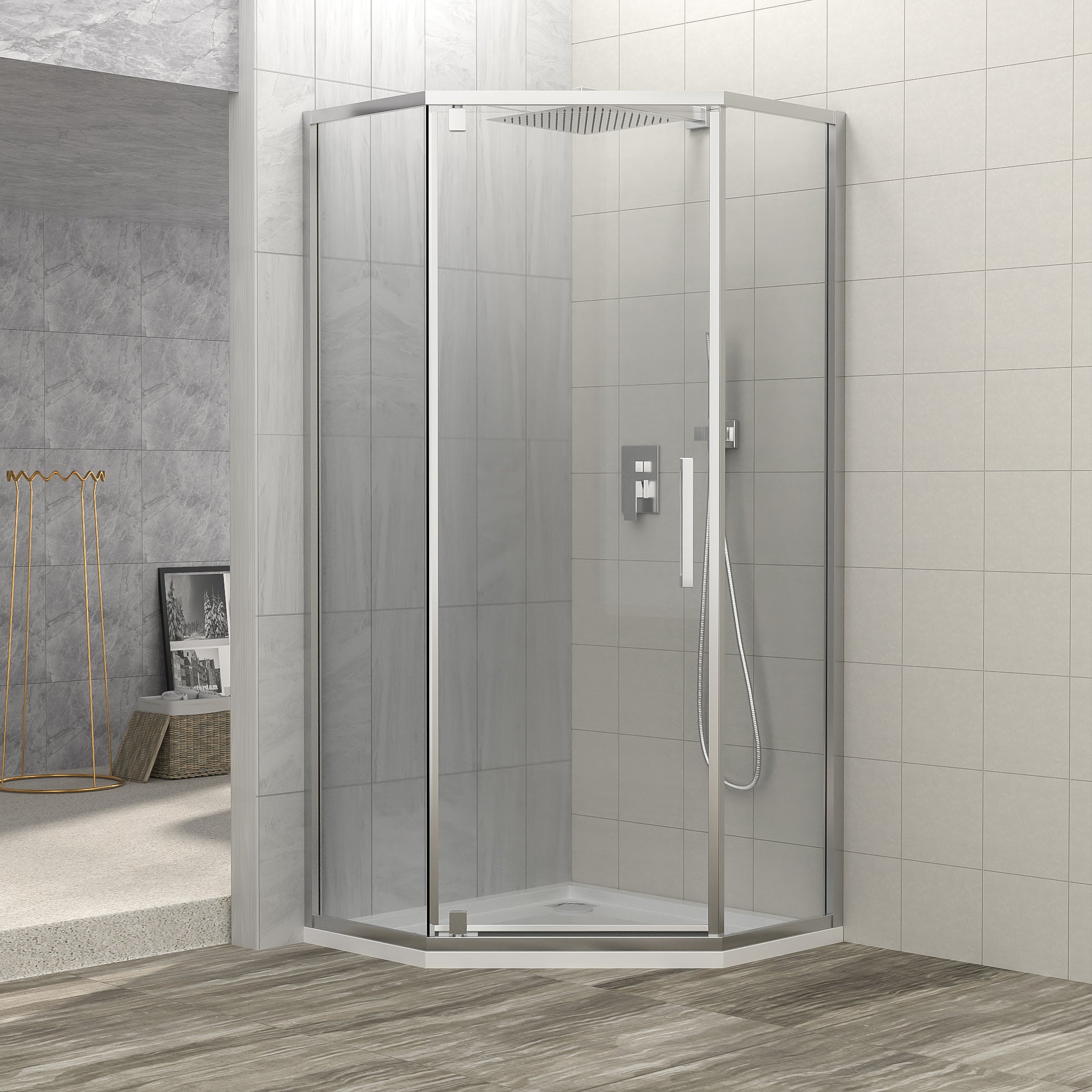 Shower Door 34-1/8"W x 72"H Semi-Frameless Neo-Angle Hinged Shower Enclosure, Chrome