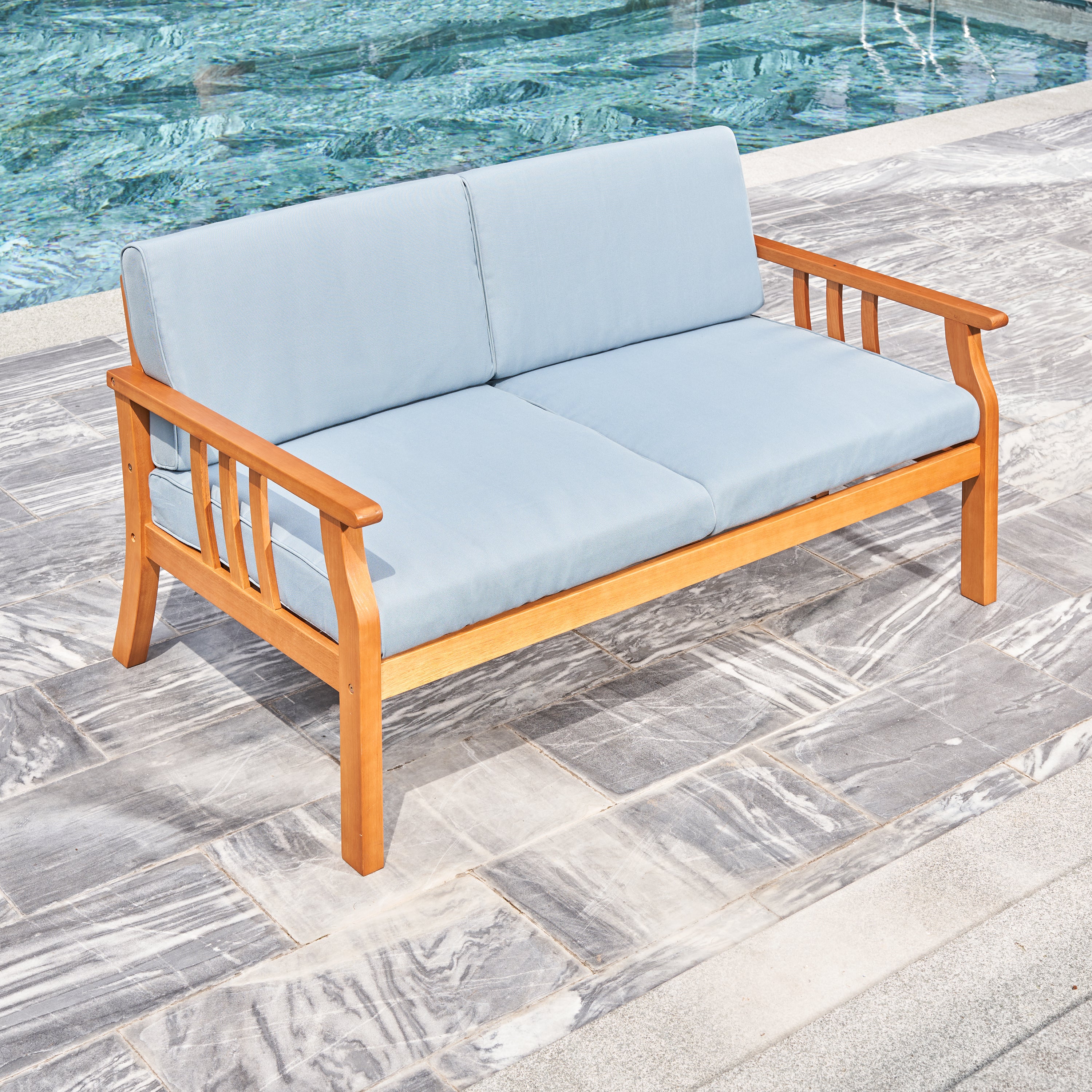 Kapalua Honey Nautical Eucalyptus Wooden Outdoor Sofa Bench with Cushion