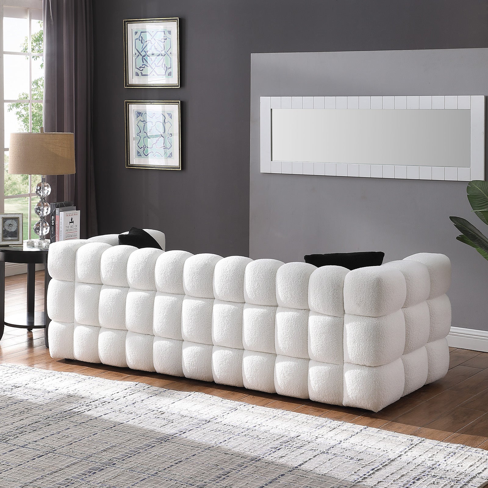 84.3 length ,35.83" deepth ,human body structure for USA people,  marshmallow sofa,boucle sofa ,White color,3 seater