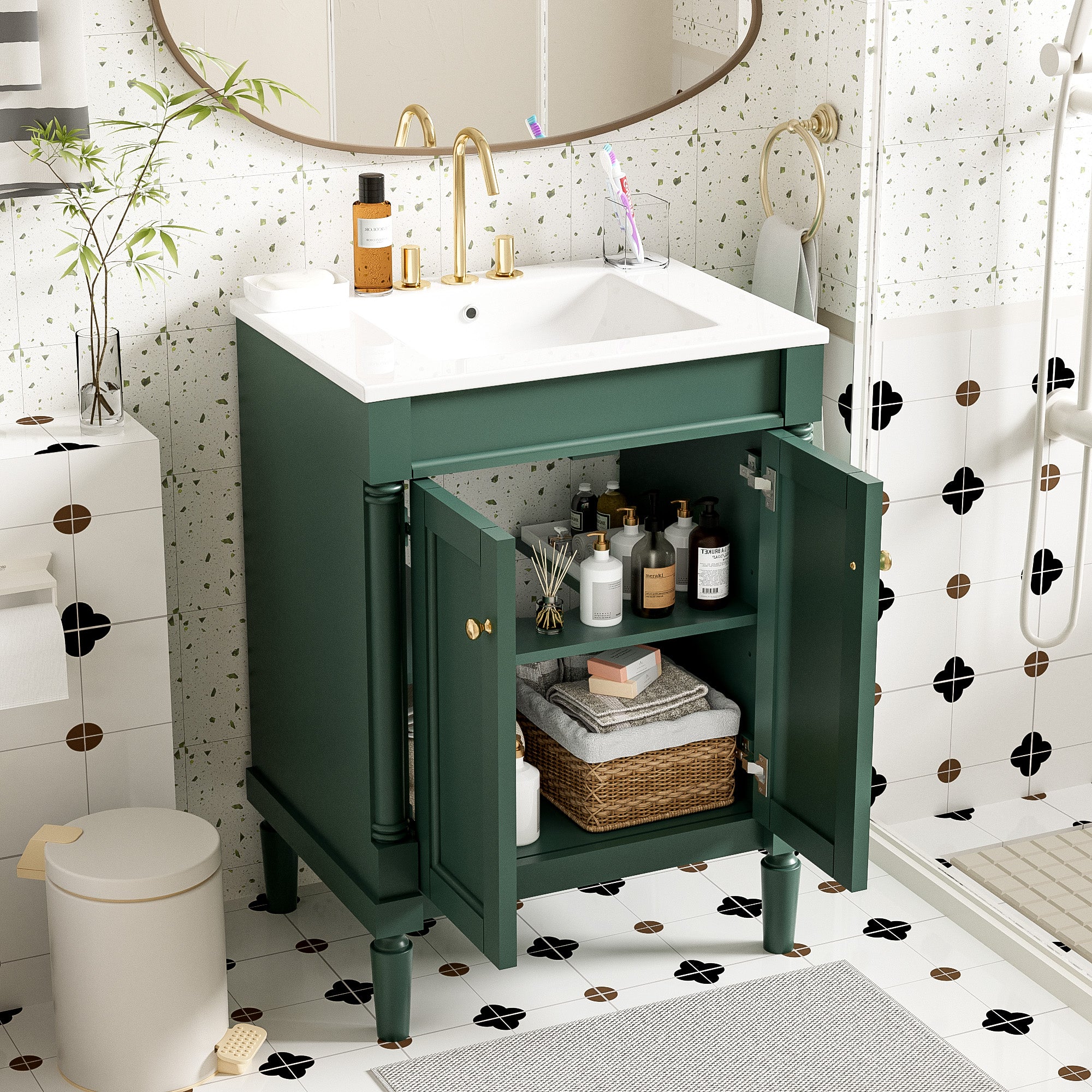 24 in. modern bathroom vanity with 2-tier storage cabinet, angled view