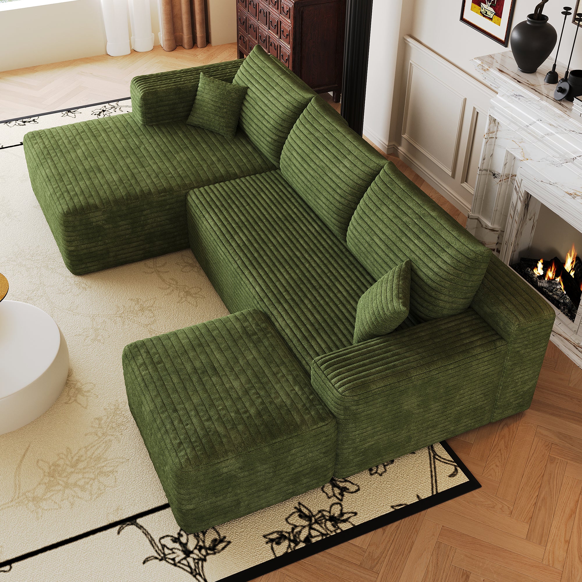Green corduroy L-shaped corner couch, rear and overall view