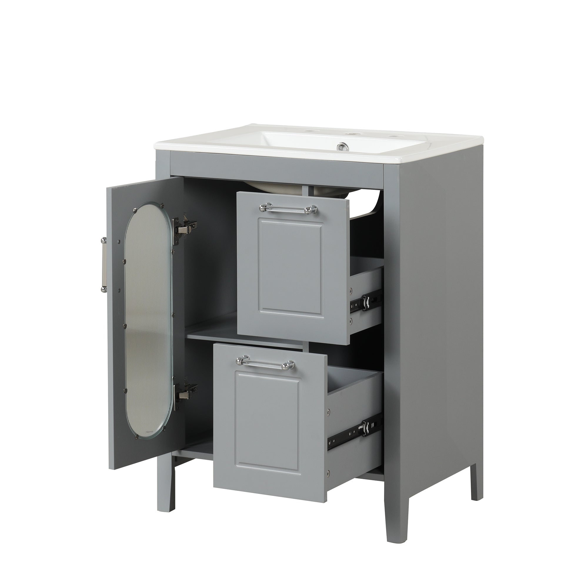 24" Bathroom Vanity with Sink, Bathroom Vanity Cabinet with Two Drawers and Door, Adjustable Shelf, Solid Wood and MDF, Grey