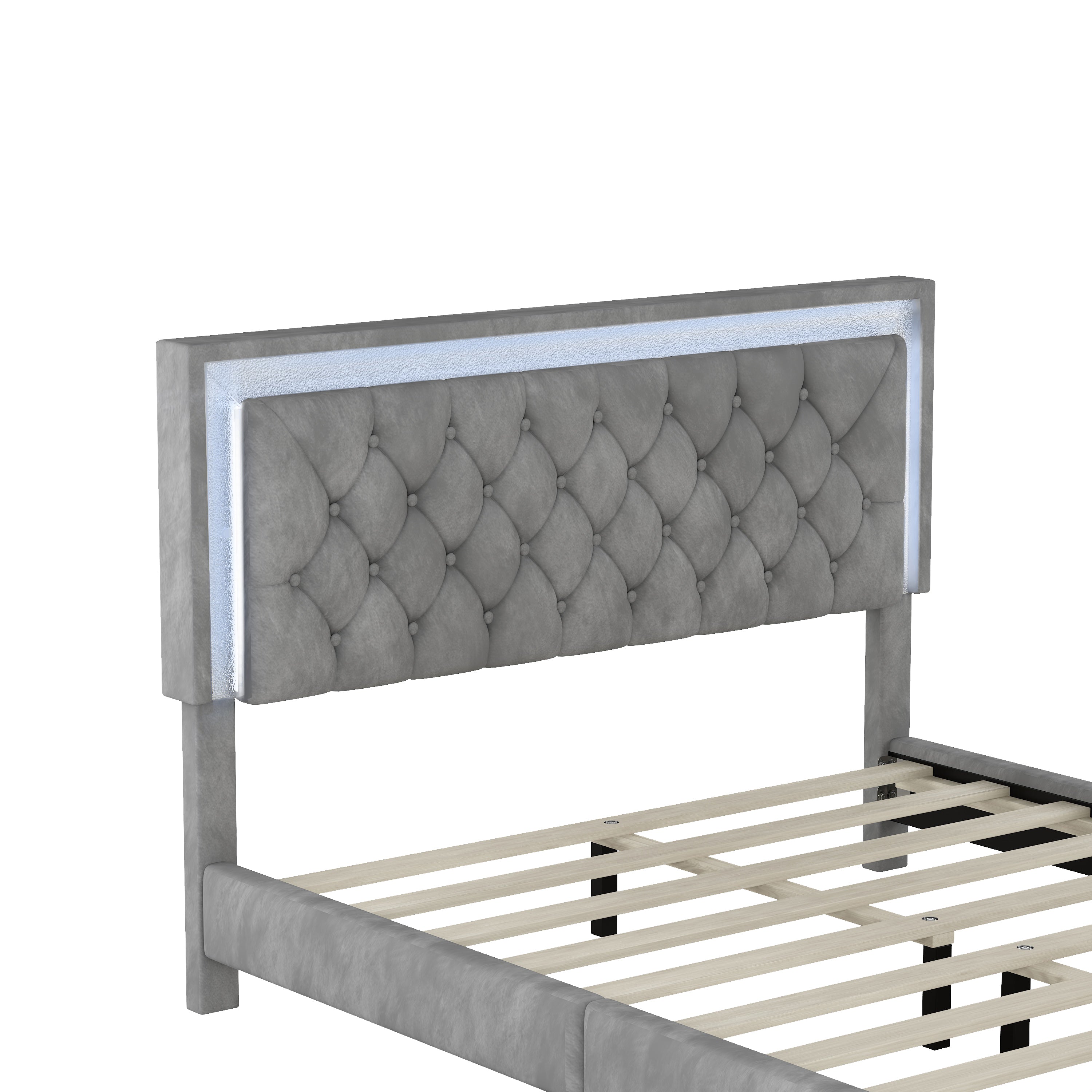 Queen Size Upholstered Bed Frame with LED Lights,Modern Velvet Platform Bed with Tufted Headboard,Gray