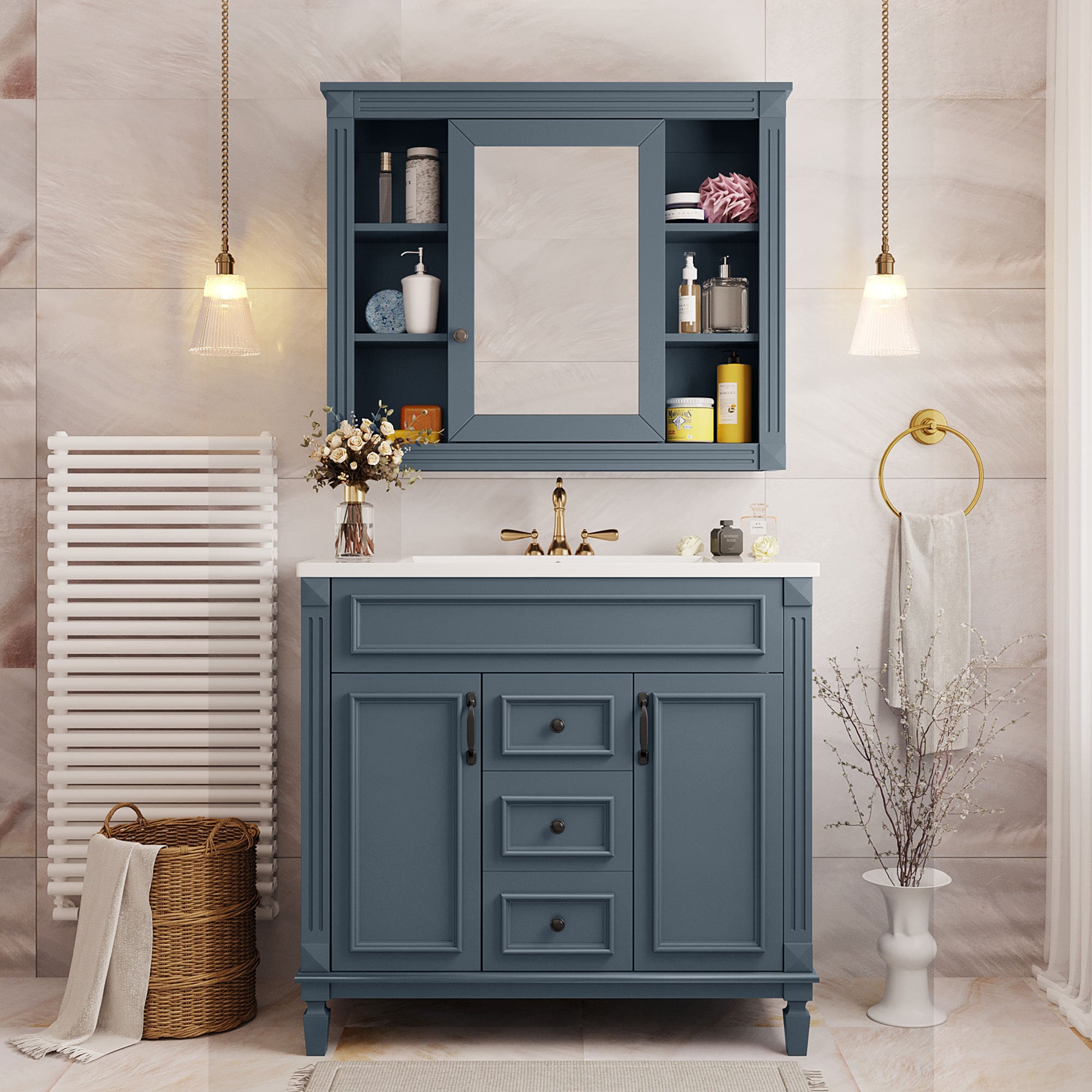 36'' Bathroom Vanity with Top Sink, Royal Blue Mirror Cabinet, Modern Bathroom Storage Cabinet with 2 Soft Closing Doors and 2 Drawers, Single Sink Bathroom Vanity