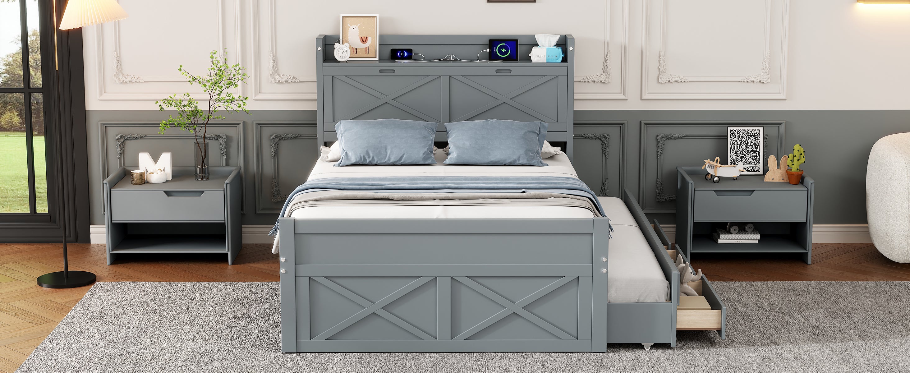 Full Size Wooden Bed with Storage Headboard with Outlets, Extendable Bed with Twin Size Trundle with Three Storage Drawers,Gray