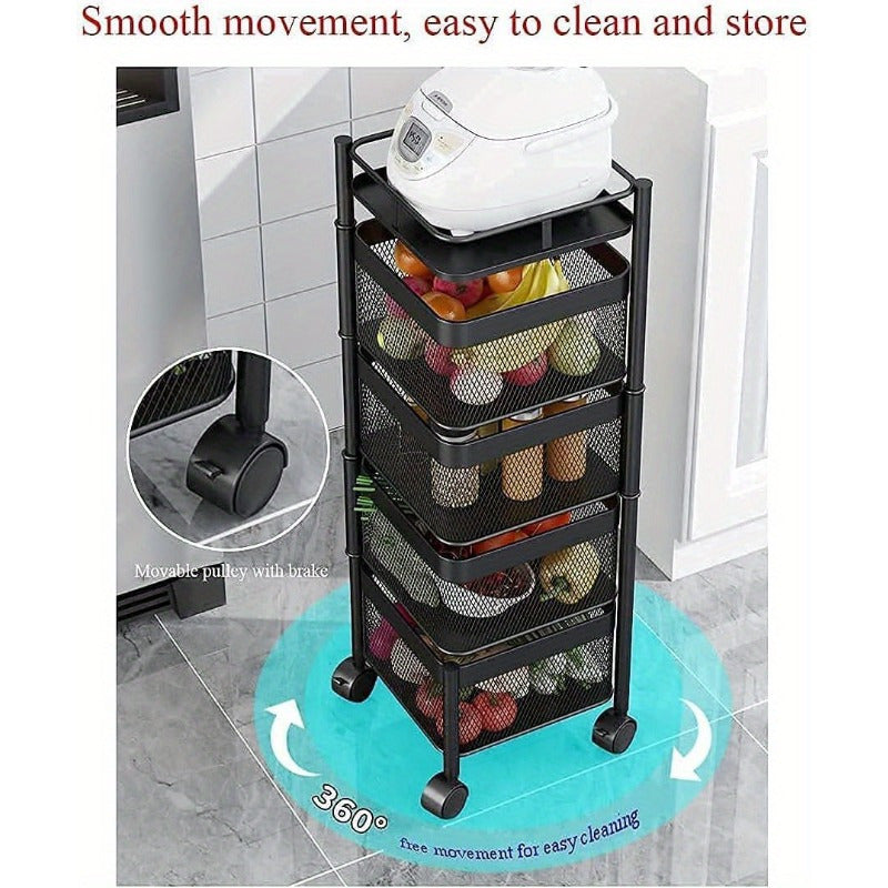 Rotating Kitchen Storage Shelf 5 Tier, Metal Fruit Vegetable Storage Basket Multi-Layer Vegetable Rack Storage Trolley on Wheels, Floor-Standing Basket for Kitchen Bathroom, Square