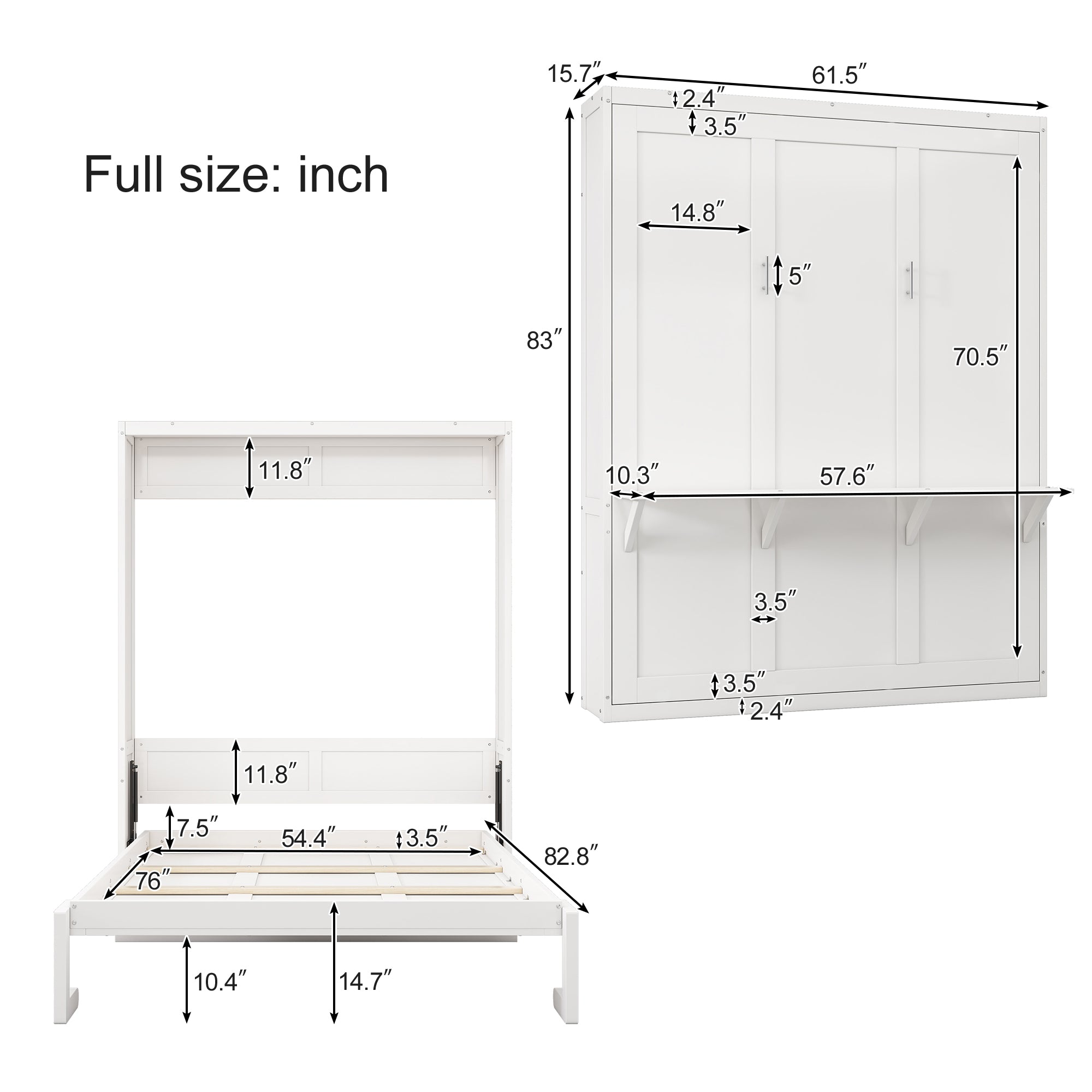 Full Size Murphy Bed with 1 Side Cabinet Storage Shelf, 61.5-inch Cabinet Bed Folding Wall Bed with Desk Combo Perfect for Guest Room,Study, Office,White(old sku:BS300194AAC)