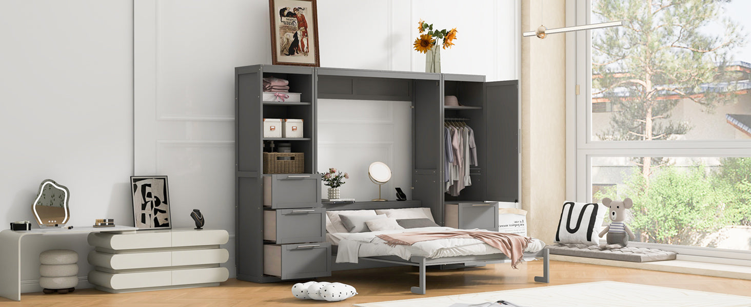 Queen Size Murphy Bed Wall Bed with Closet ,Drawers and Shelves,Gray