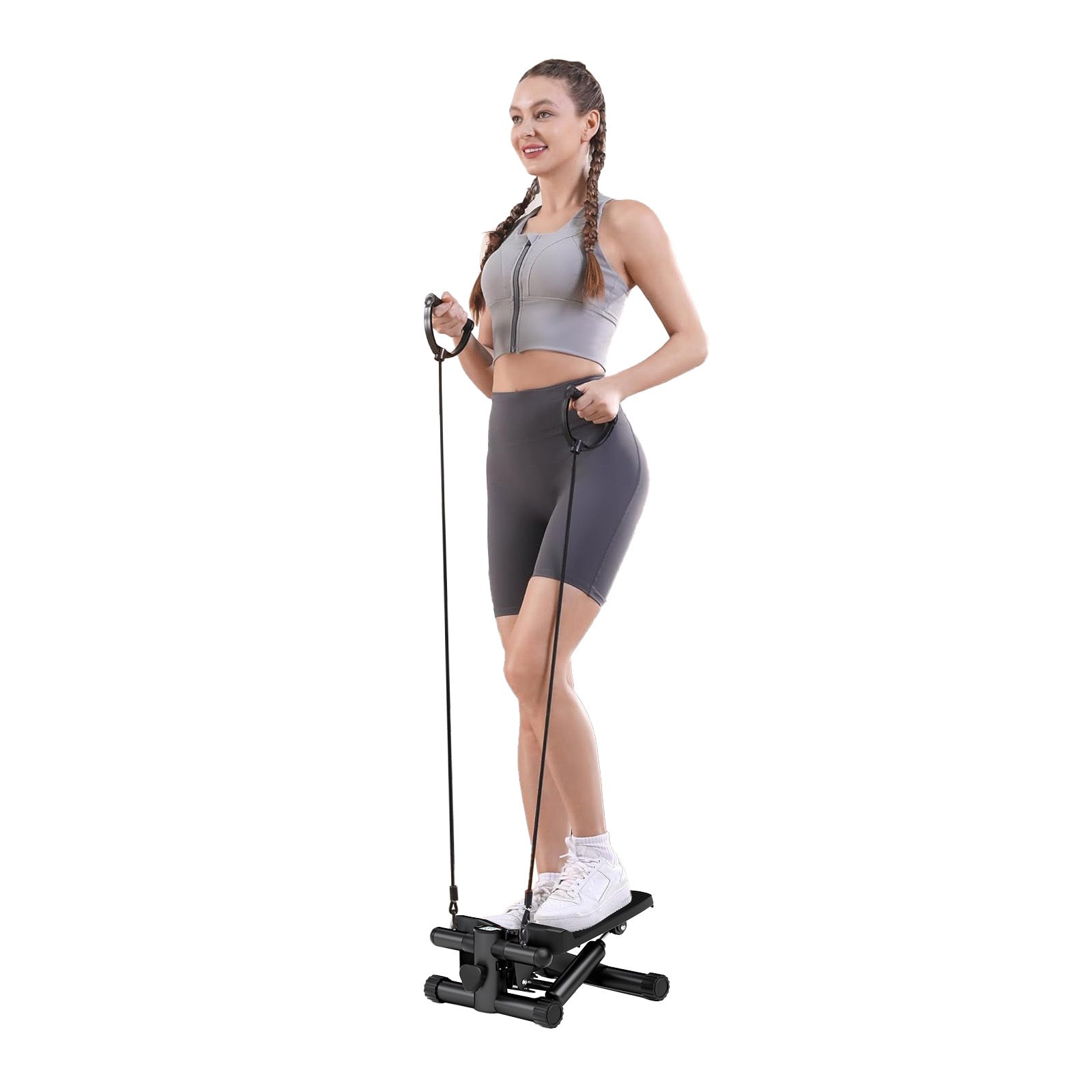 Mini Fitness Stepper, Hydraulic Fitness Stepper with Resistance Bands and Display, Silent Design, Weight Capacity 300LBS, Portable Stepper for Total Body Workout,11.3"L x 12.6"W x 7.8"H,Black