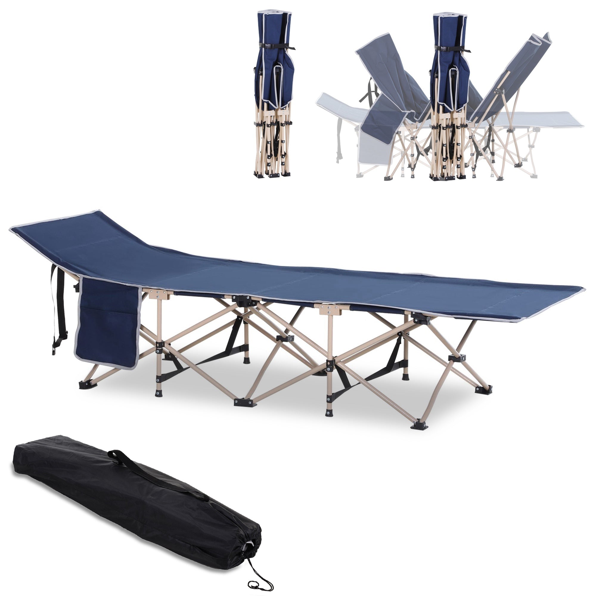 Outsunny Folding Camping Cot for Adults with Carry Bag, Side Pocket, Outdoor Portable Sleeping Bed for Travel, Camp, Vacation, 330 lbs. Capacity, Blue