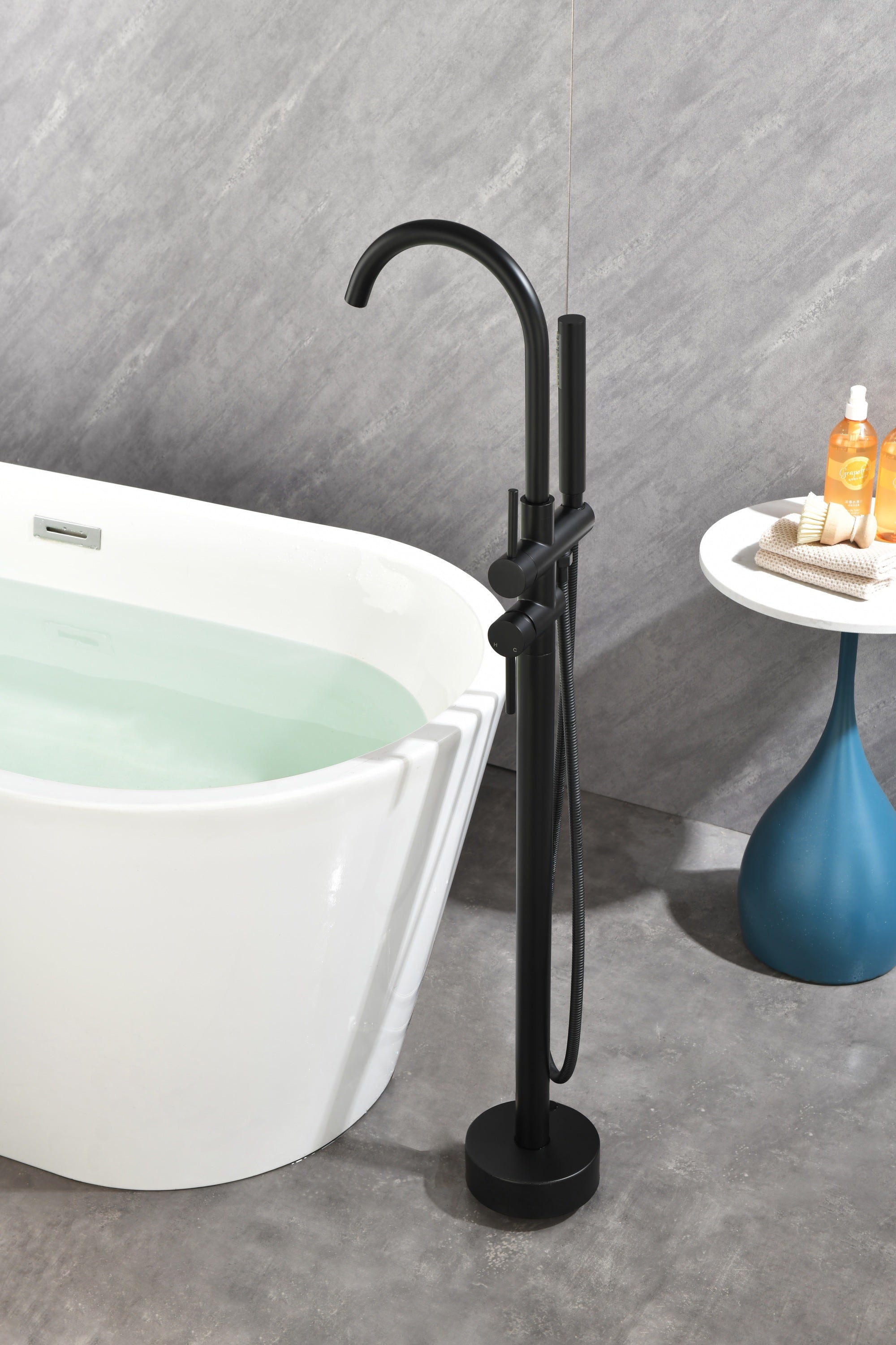 Mount Bathtub Faucet Freestanding Tub Filler Matte Black Standing High Flow Shower Faucets with Handheld Shower Mixer Taps Swivel Spout