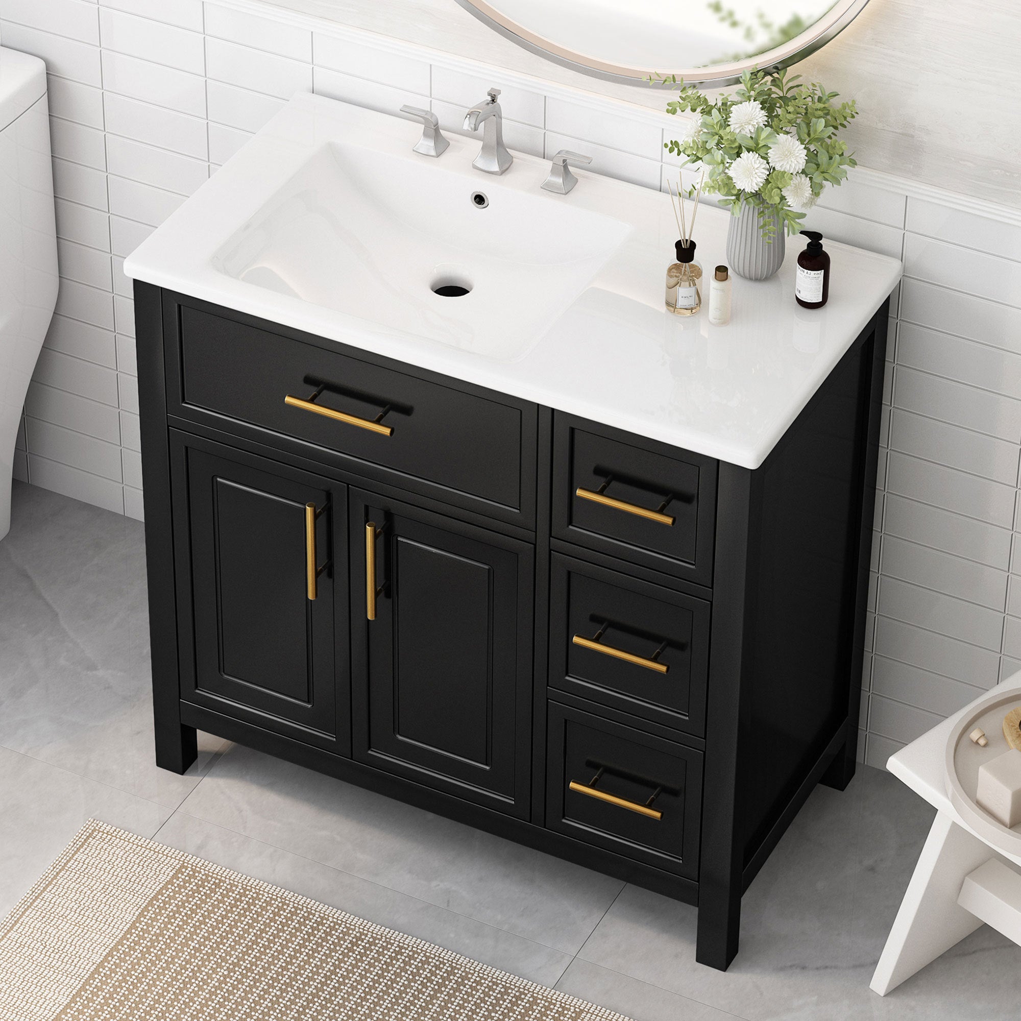 36" Bathroom Vanity with Sink Top, Bathroom Vanity Cabinet with Two Doors and Three Drawers, Solid Wood , MDF Boards ,One Package, Black