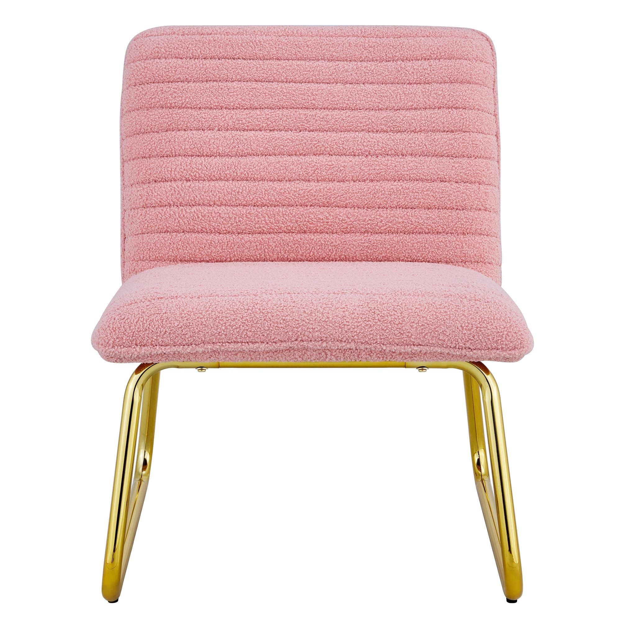 Modern minimalist pink plush fabric single person sofa chair with golden metal legs. Suitable for living room, bedroom, club, comfortable cushioned single person leisure sofa